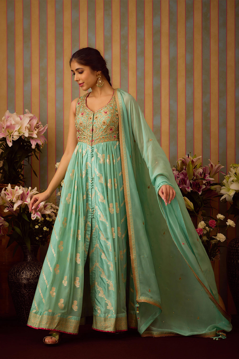 Grey Green Anarkali Set