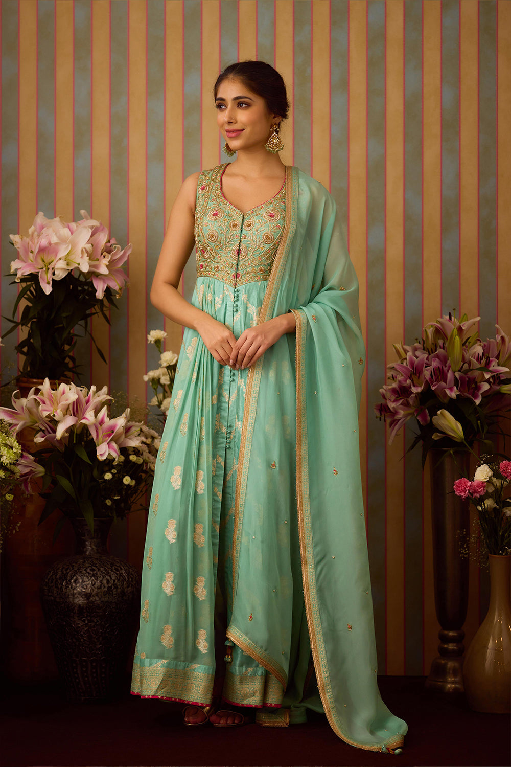 Grey Green Anarkali Set