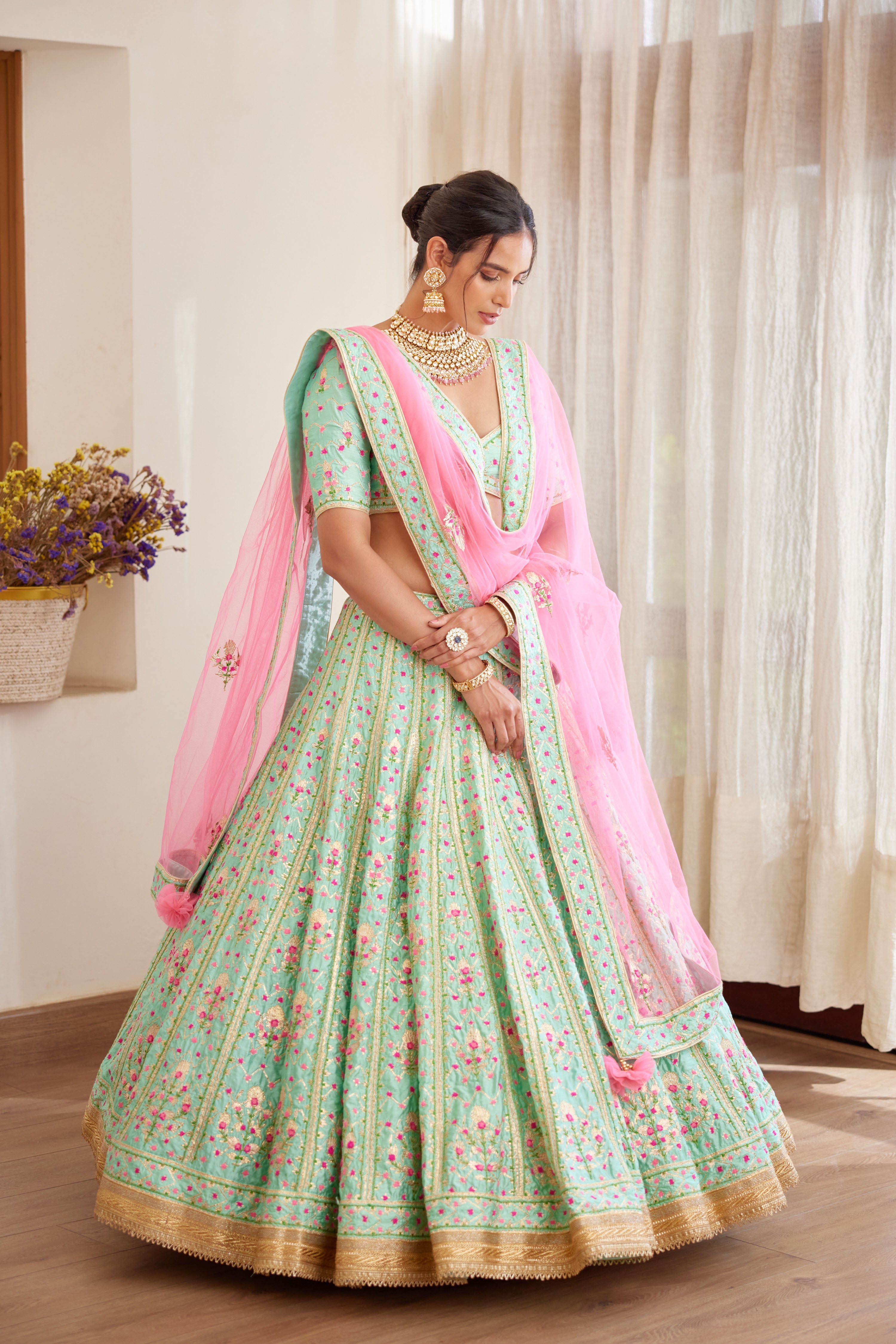 Sea Green & Pink Lehenga Set