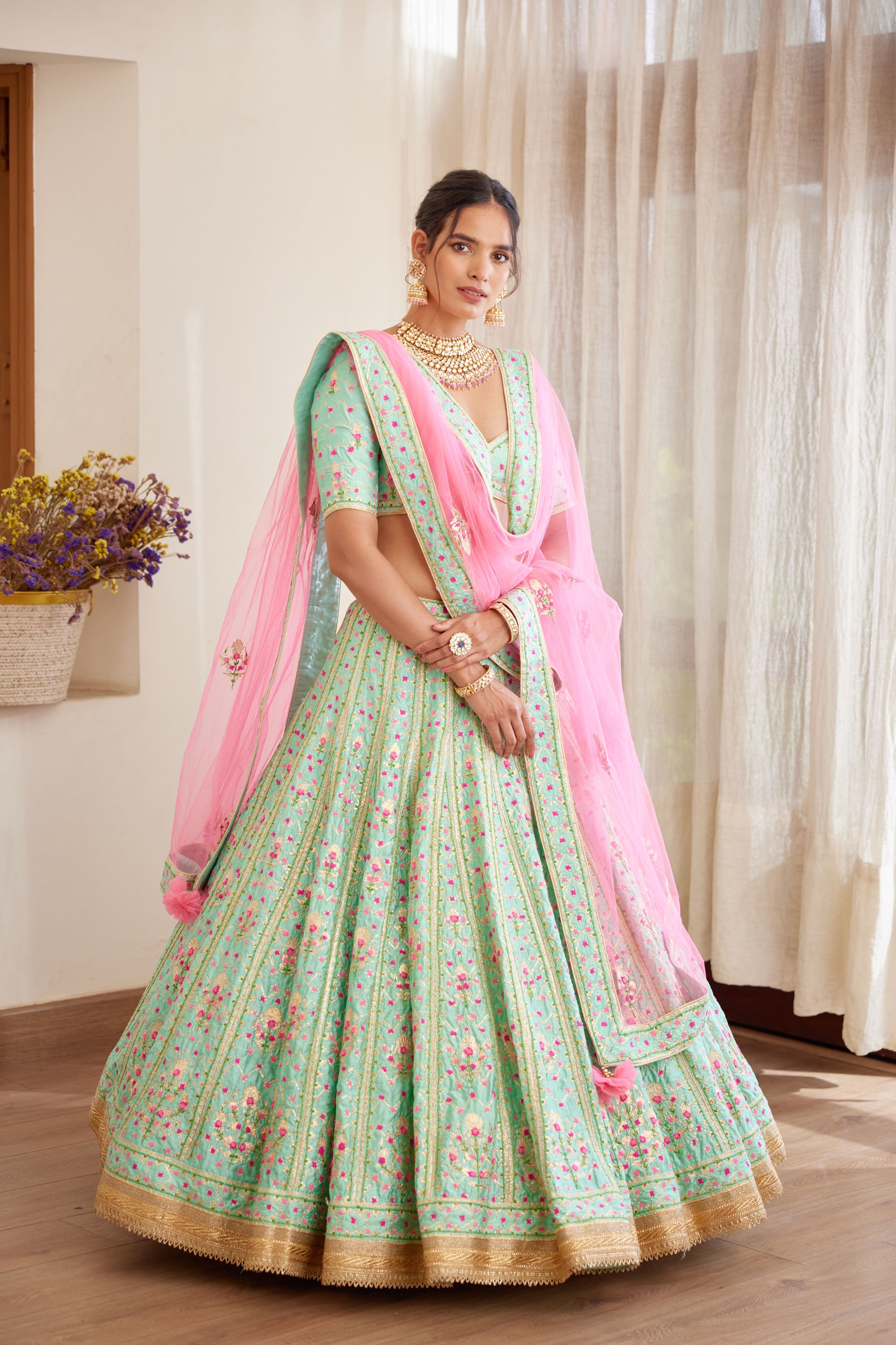 Sea Green & Pink Lehenga Set
