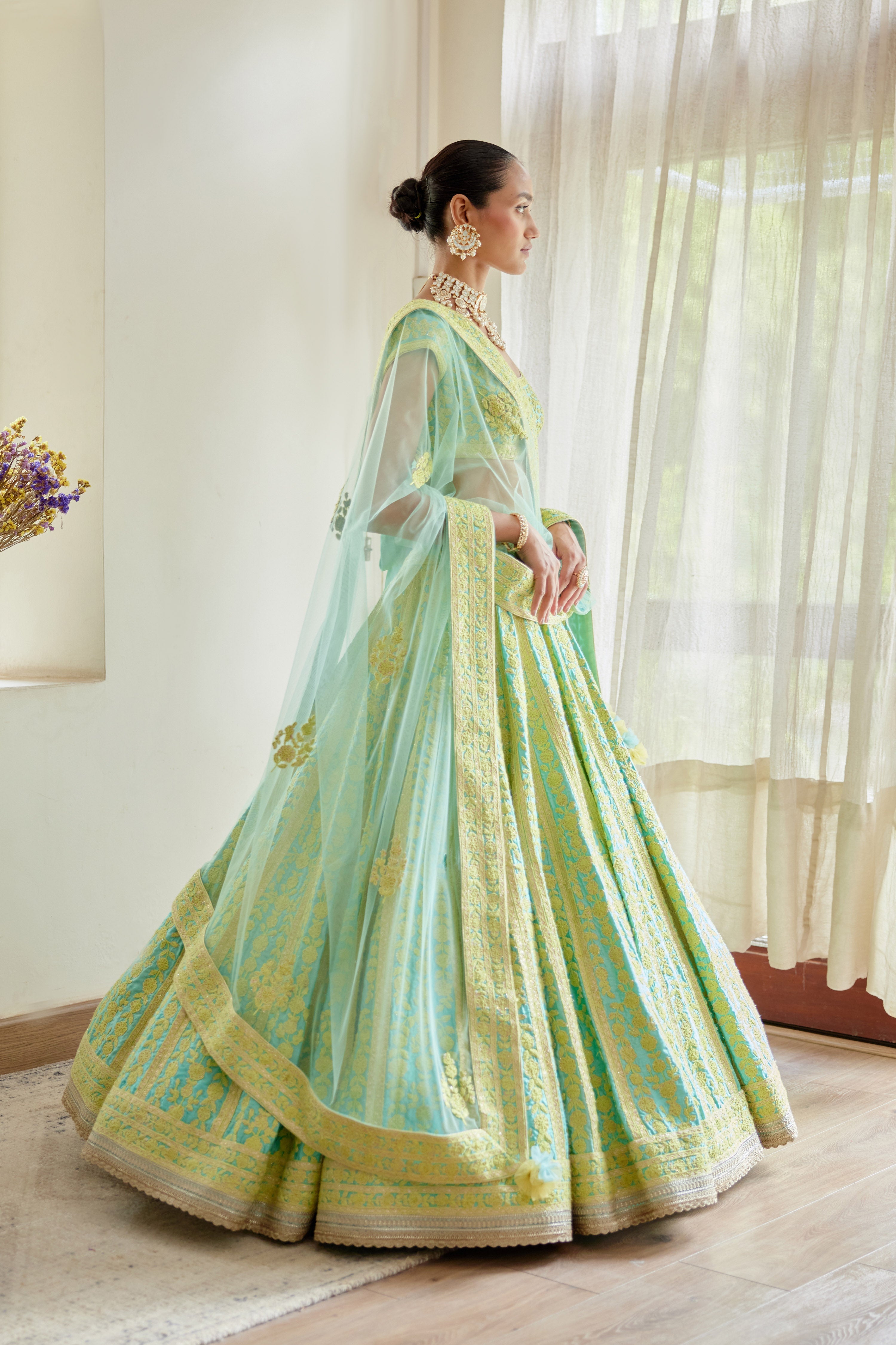 Sea Blue - Light Green Lehenga Set