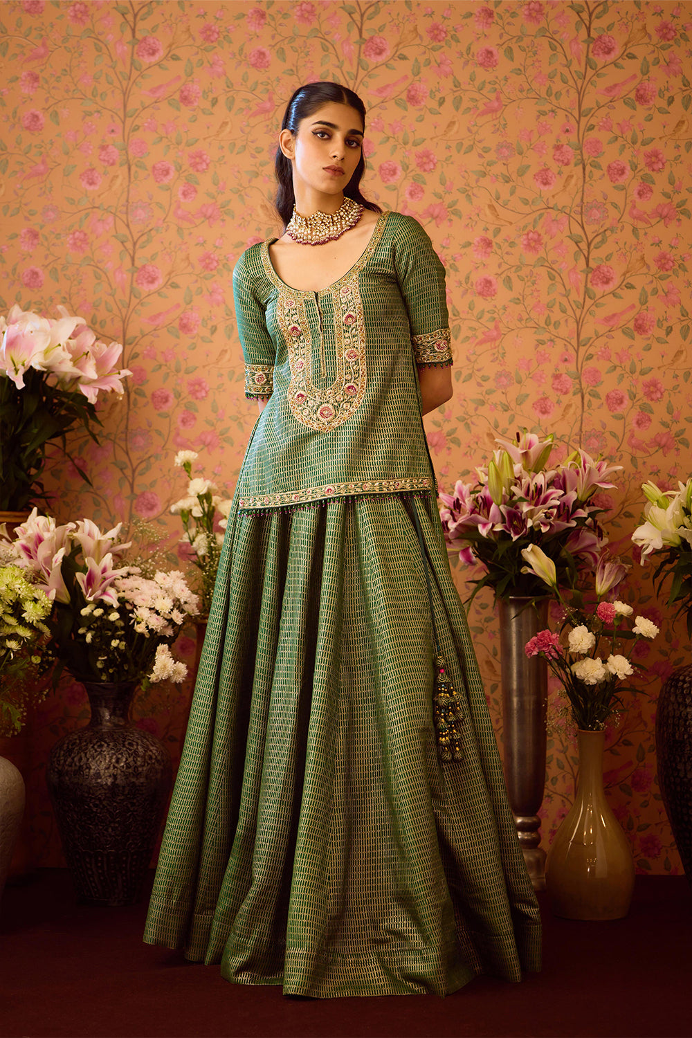 Smoke Green Kurta Lehenga Set