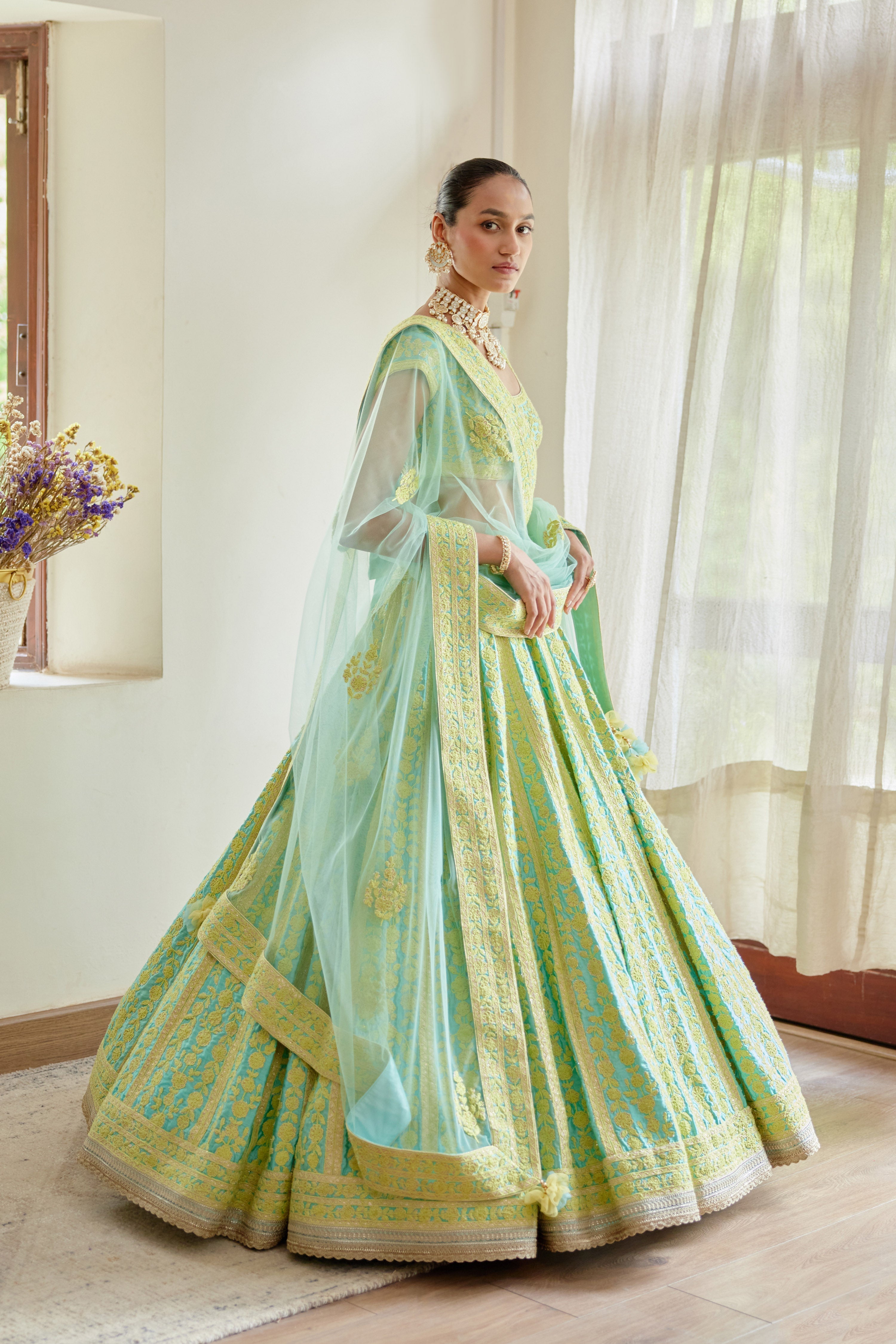 Sea Blue - Light Green Lehenga Set