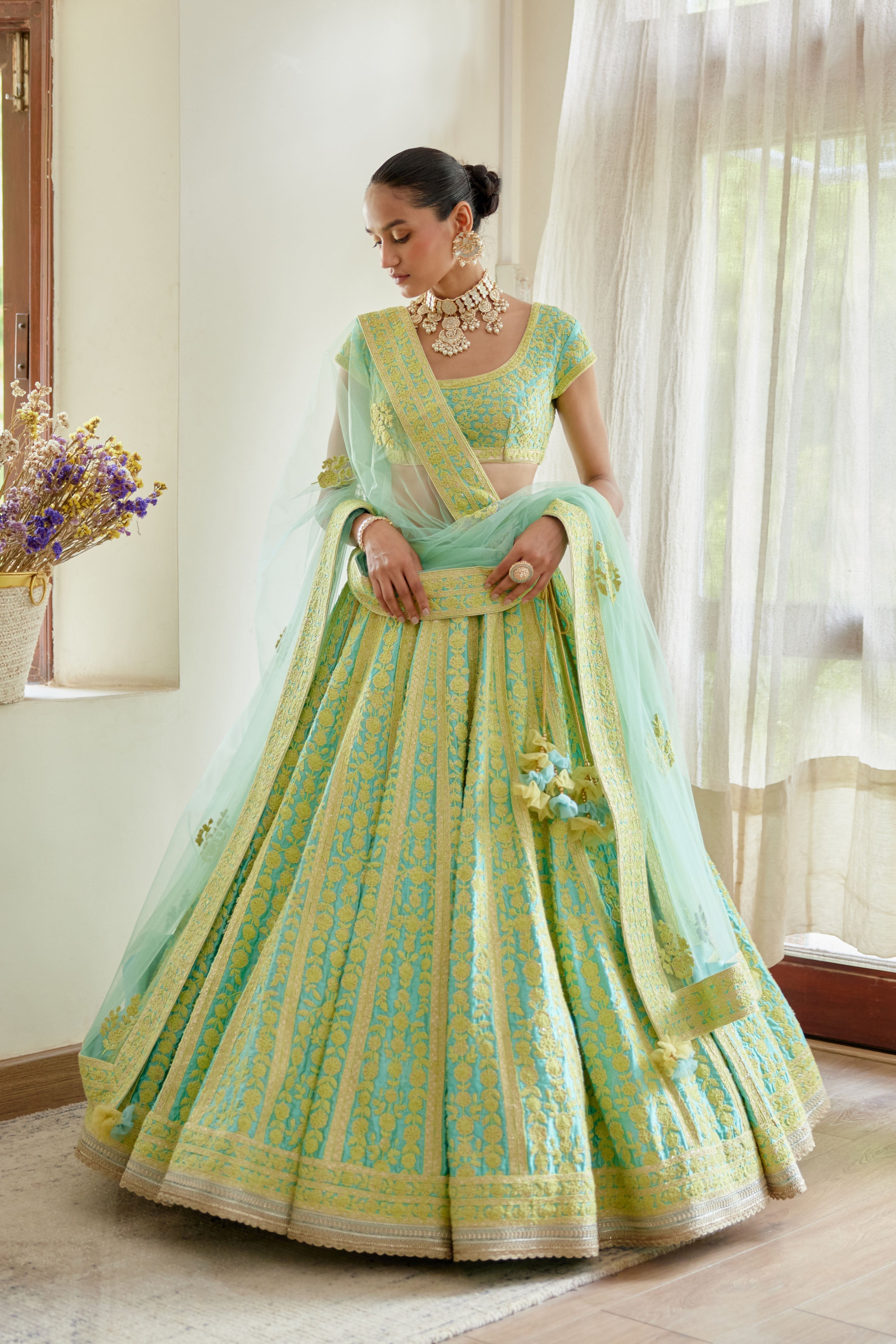 Sea Blue - Light Green Lehenga Set