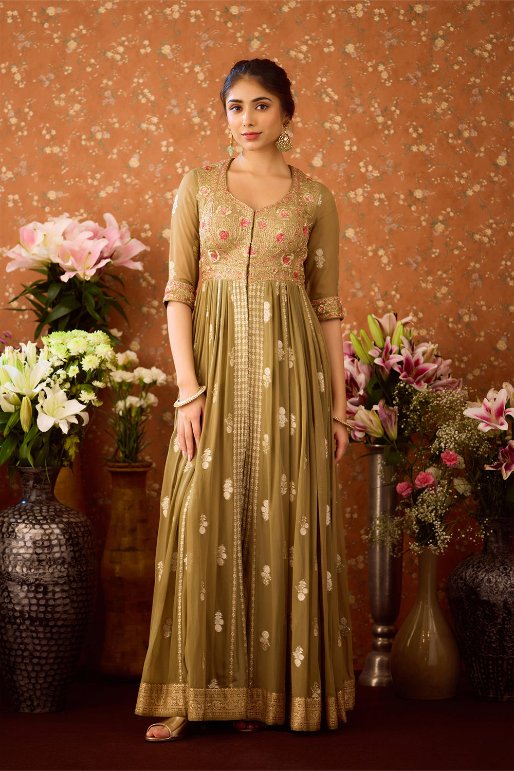 Grey Green Anarkali Set