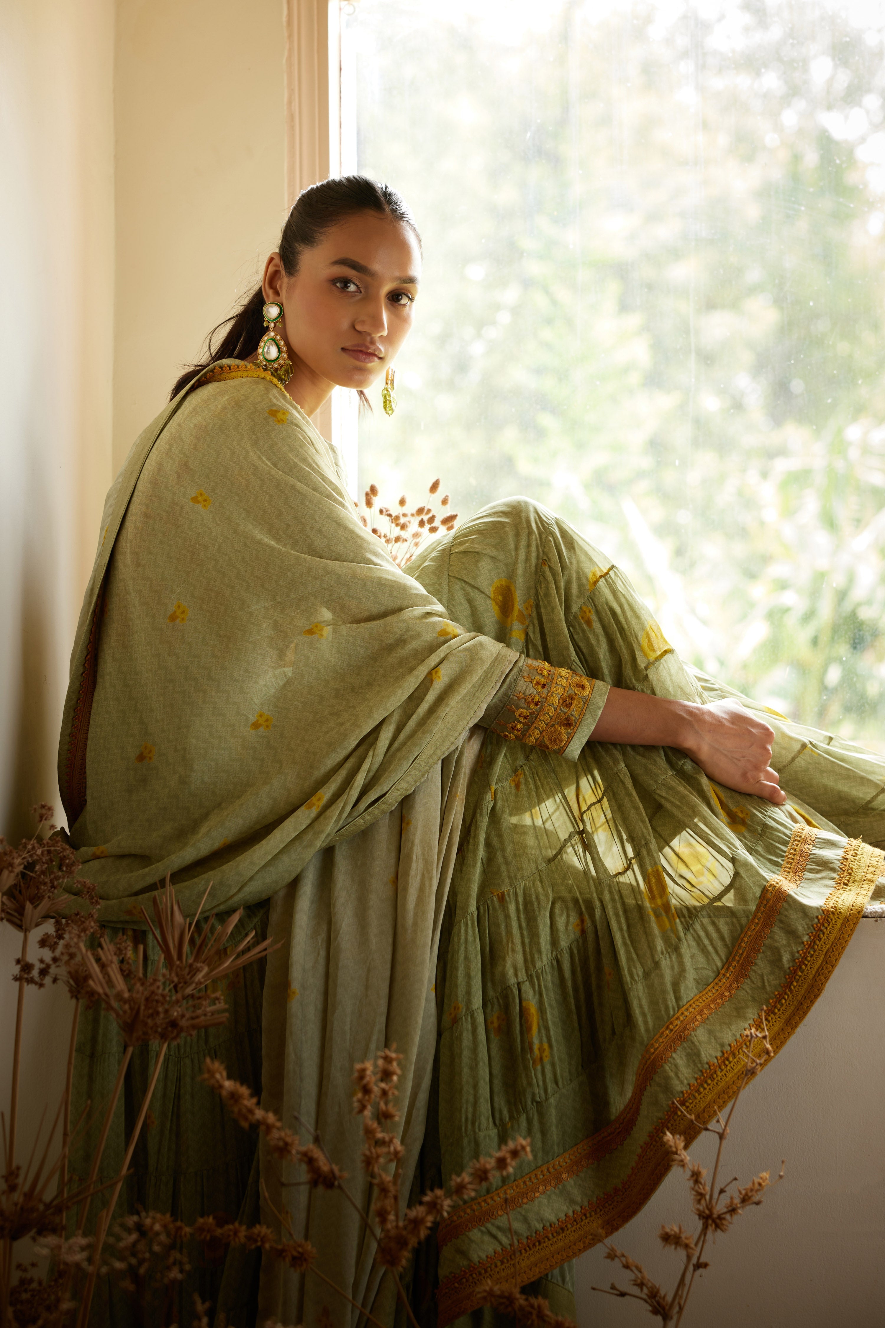 Neutral Green Anarkali Set