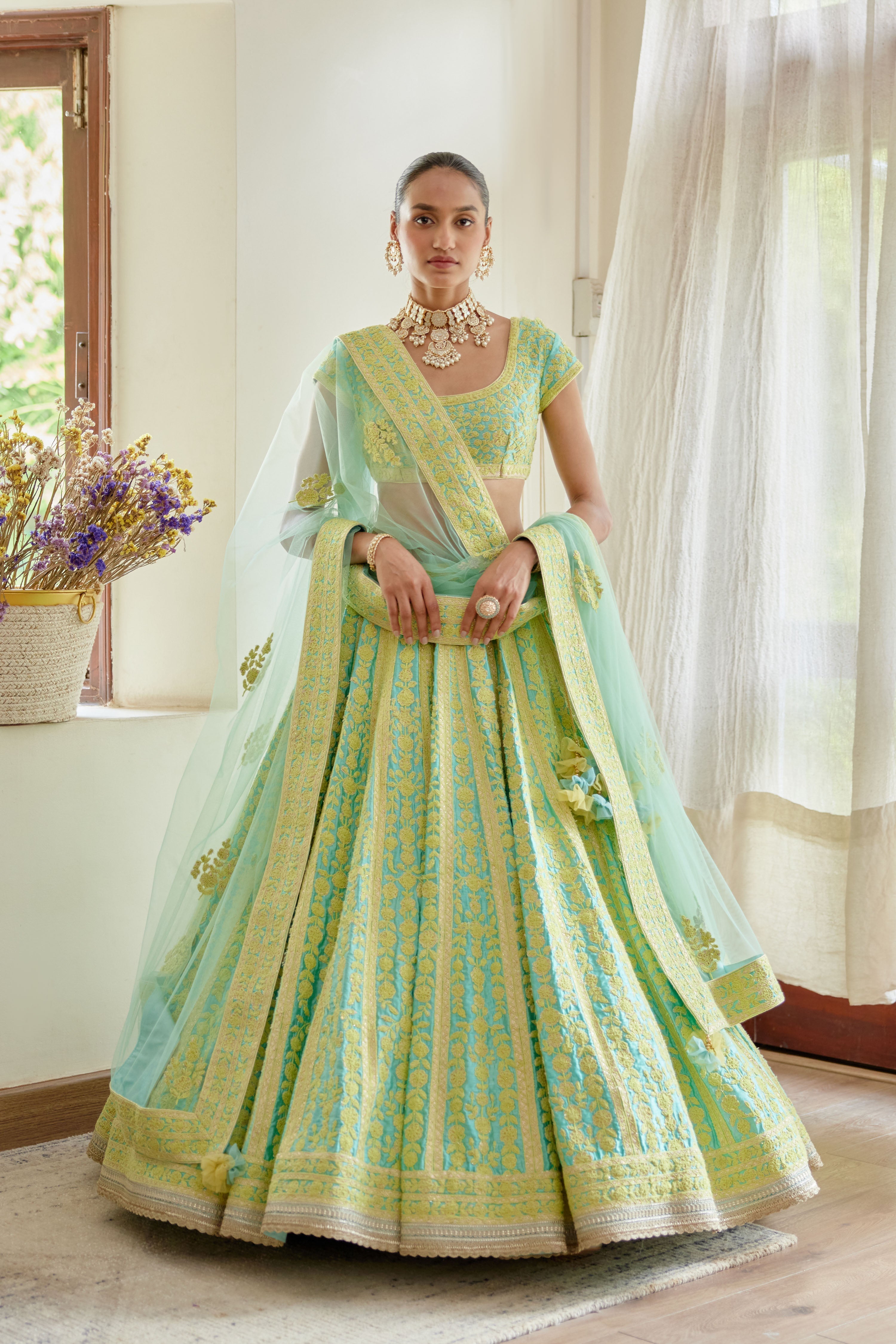 Sea Blue - Light Green Lehenga Set