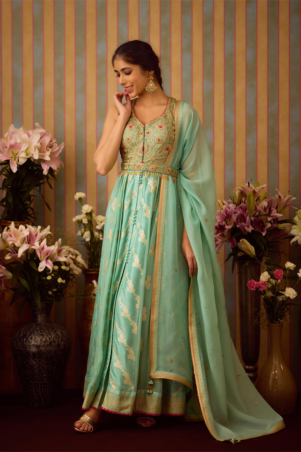 Grey Green Anarkali Set