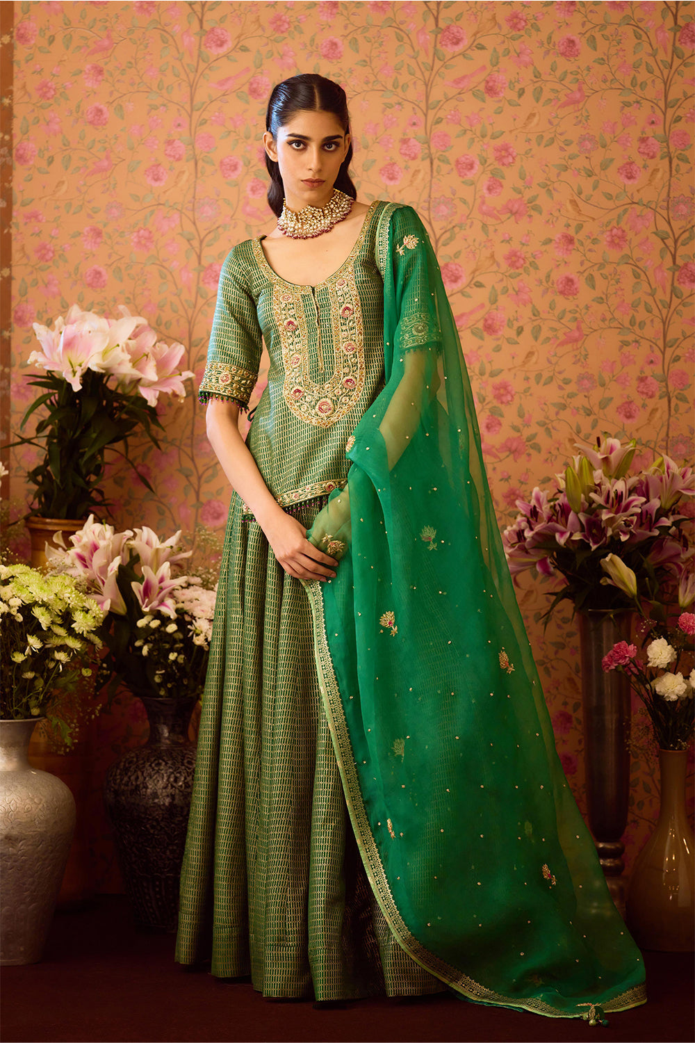 Smoke Green Kurta Lehenga Set
