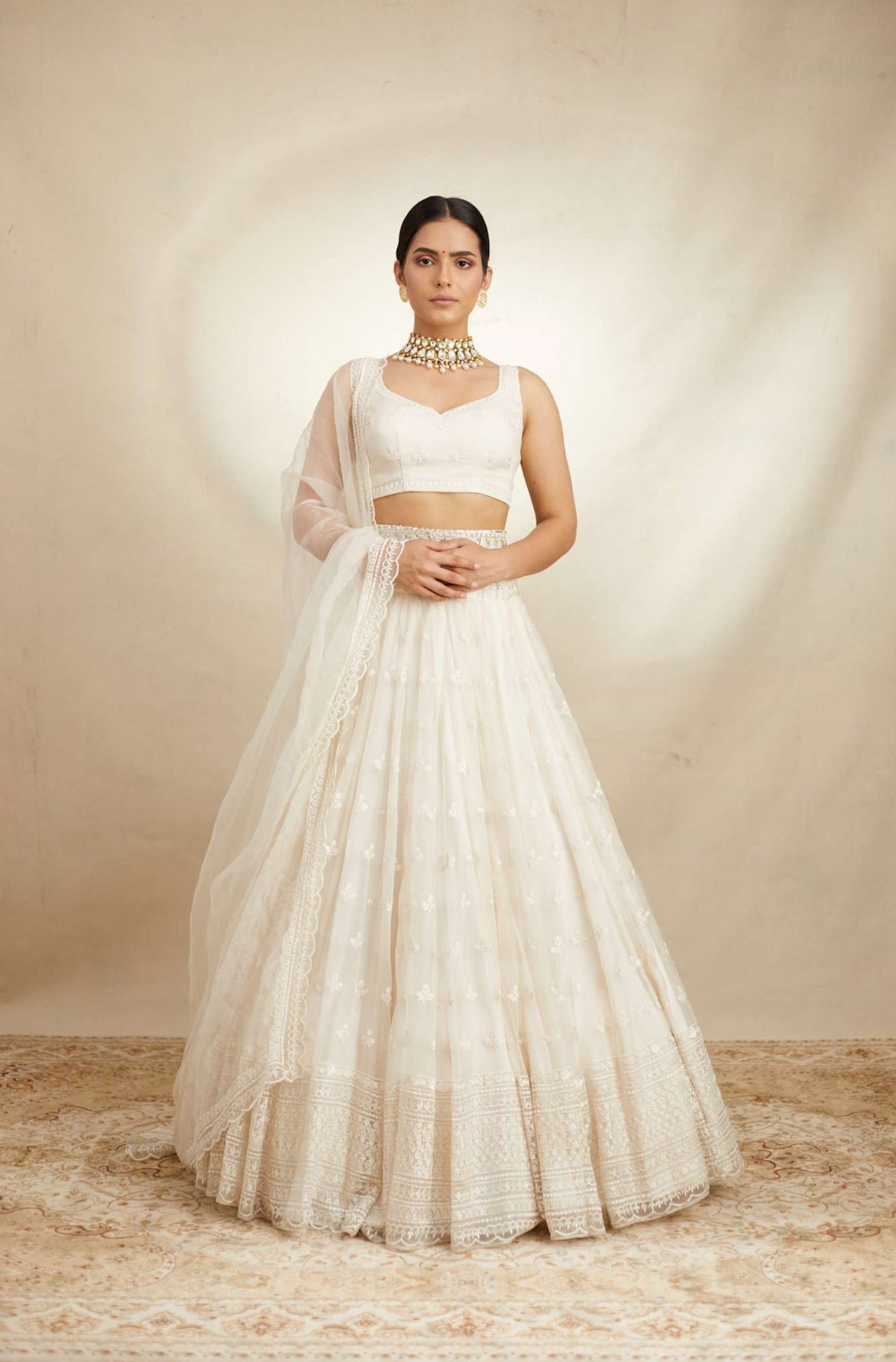 White Thread Work Lehenga Set