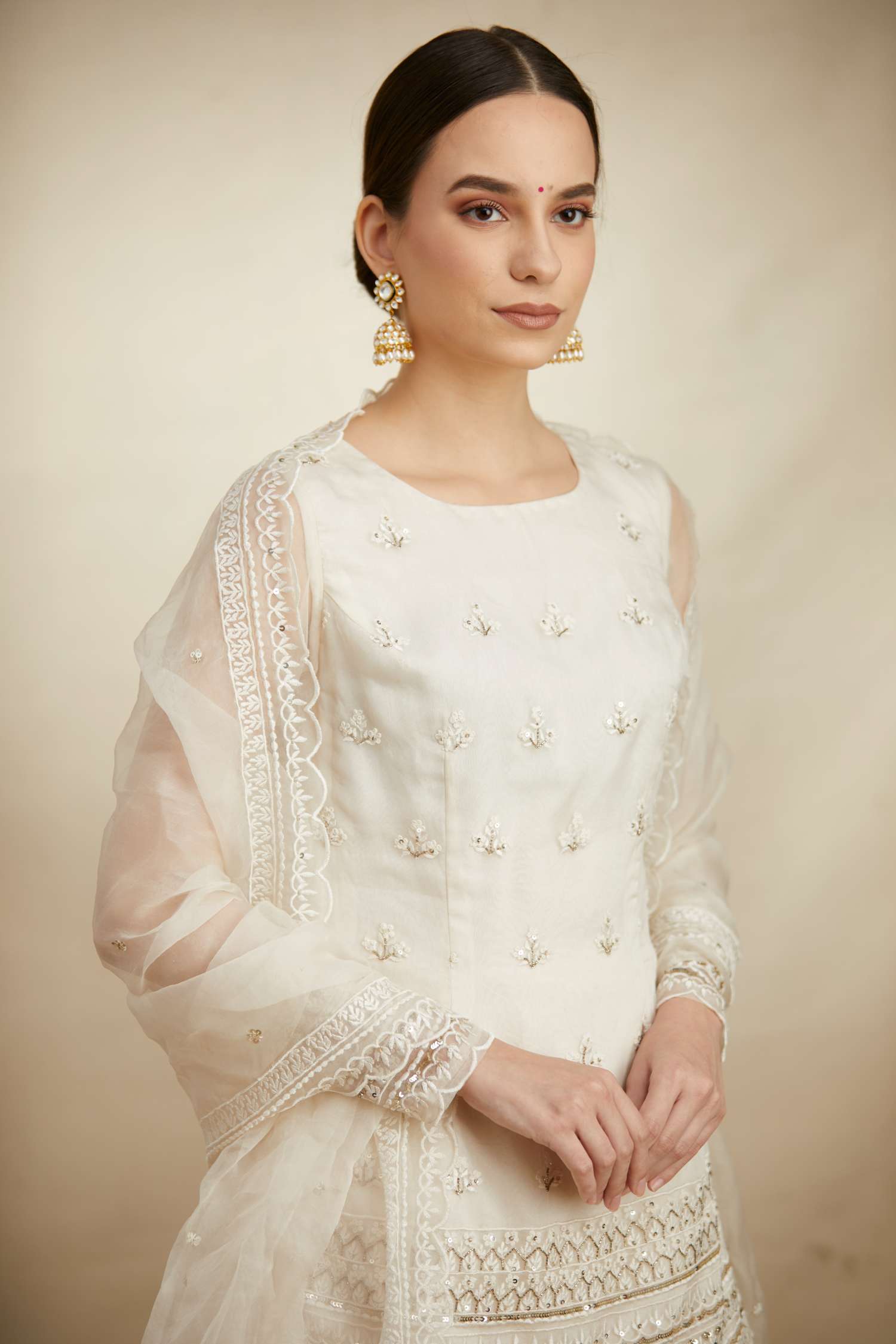 White Thread Work Kurti Sharara Set