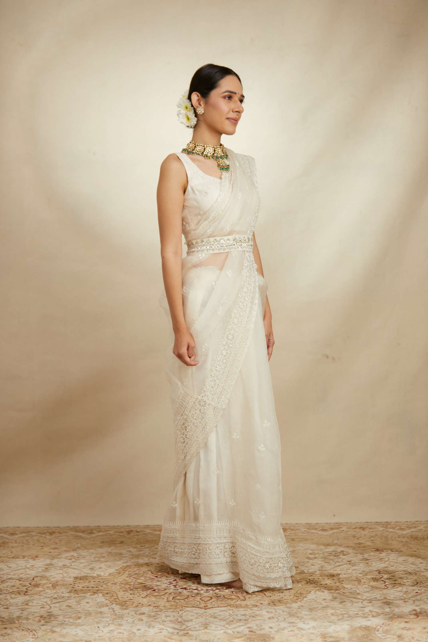 White Thread Work Saree Set