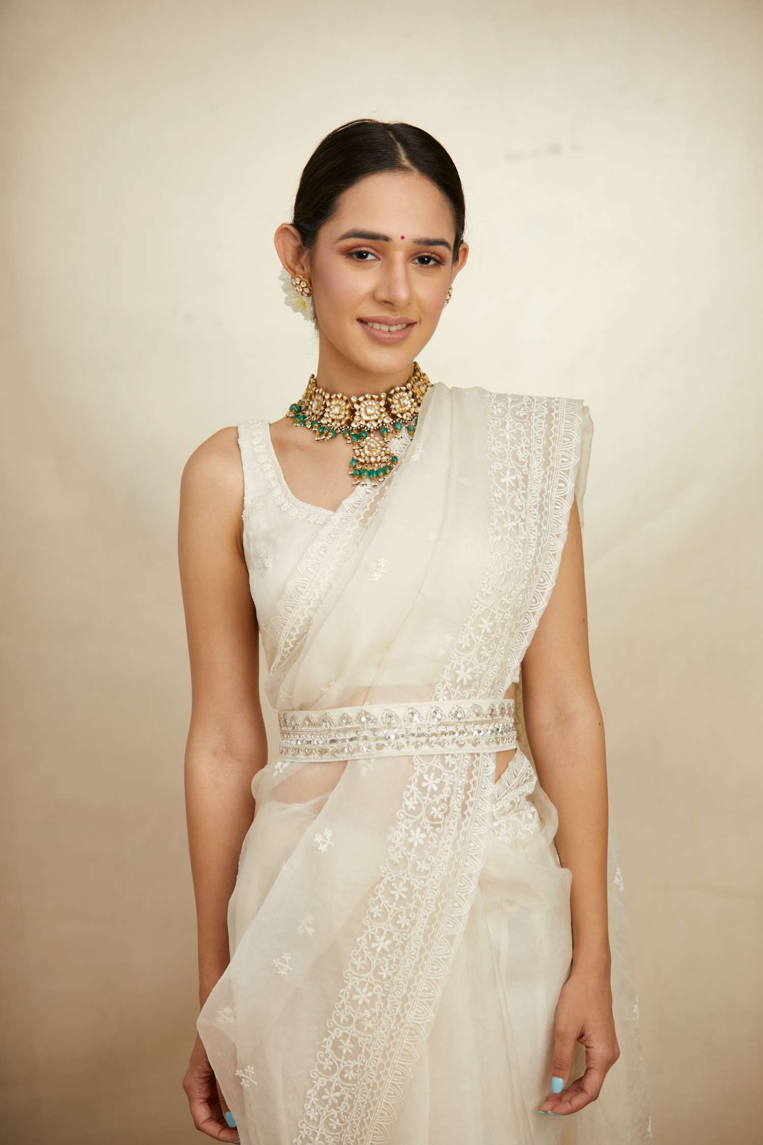 White Thread Work Saree Set