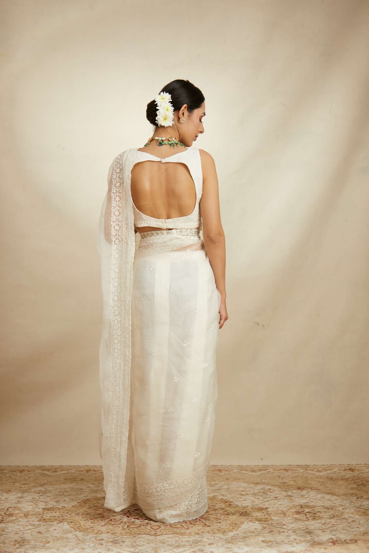 White Thread Work Saree Set