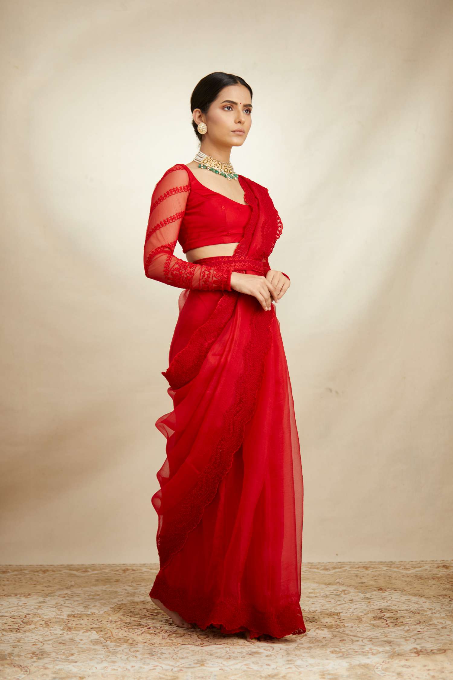 Red Thread Work Saree Set