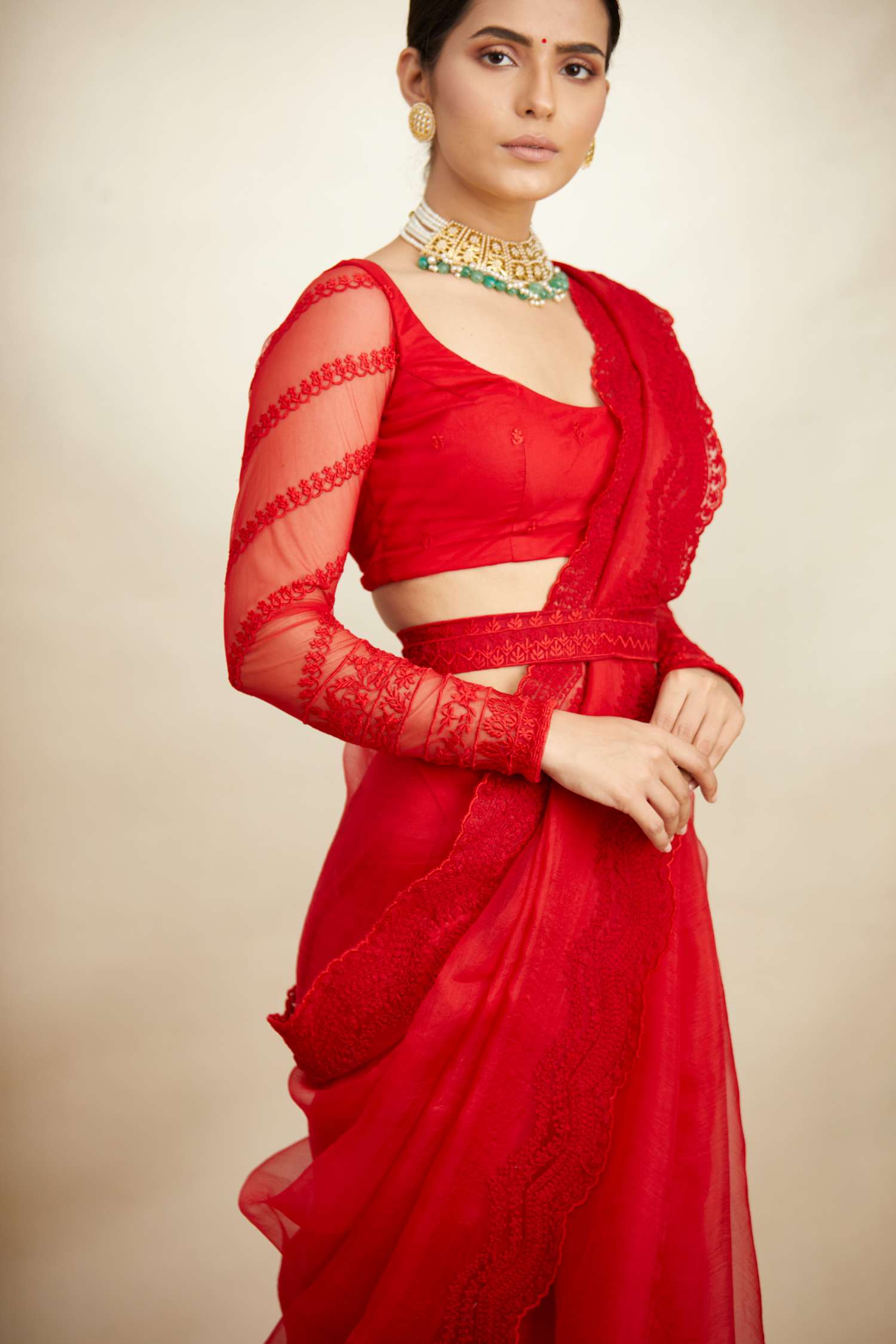 Red Thread Work Saree Set