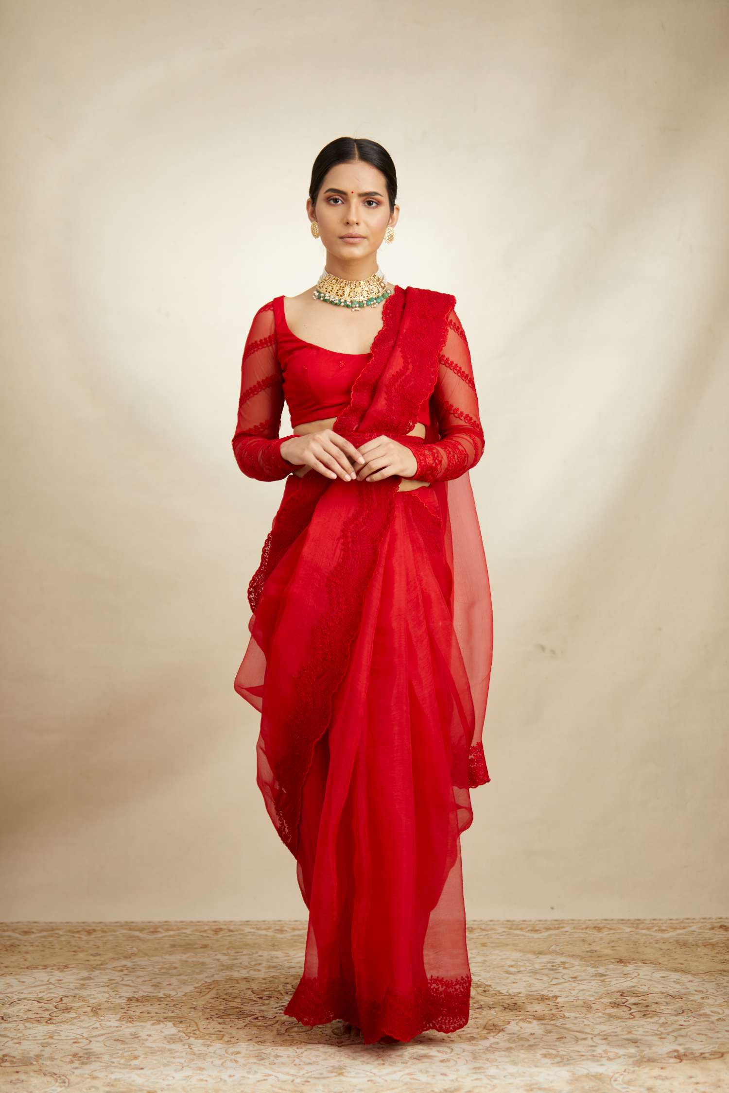 Red Thread Work Saree Set