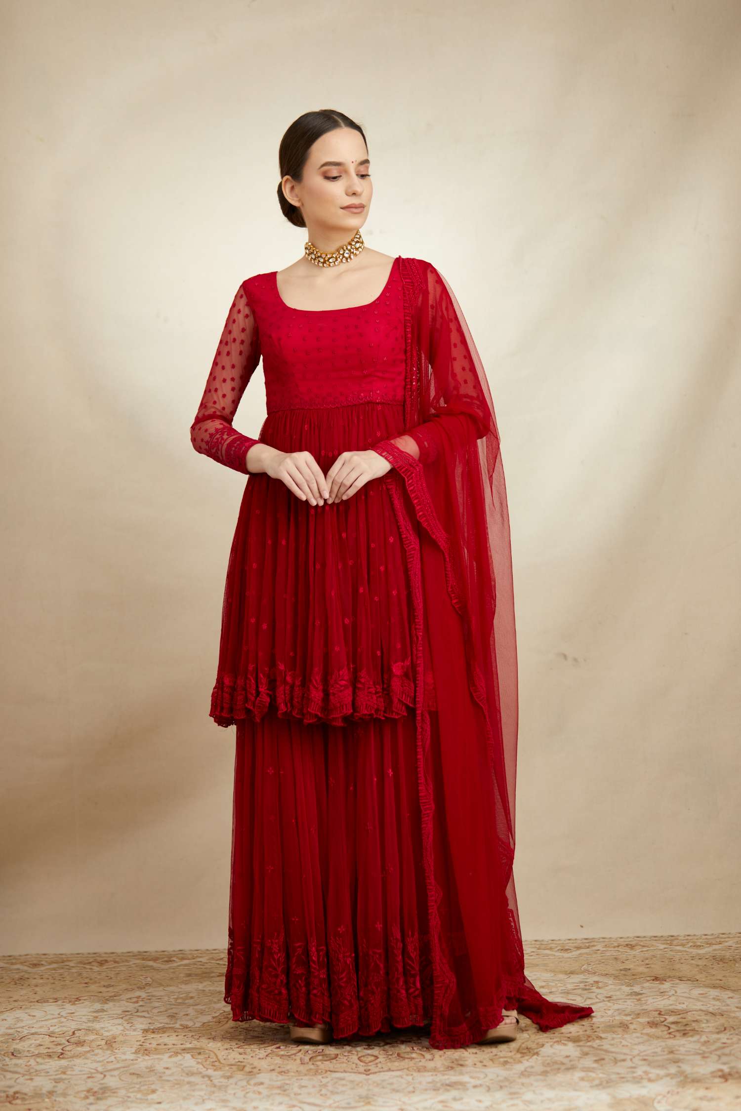 Caramine Threadwork Peplum Sharara Set