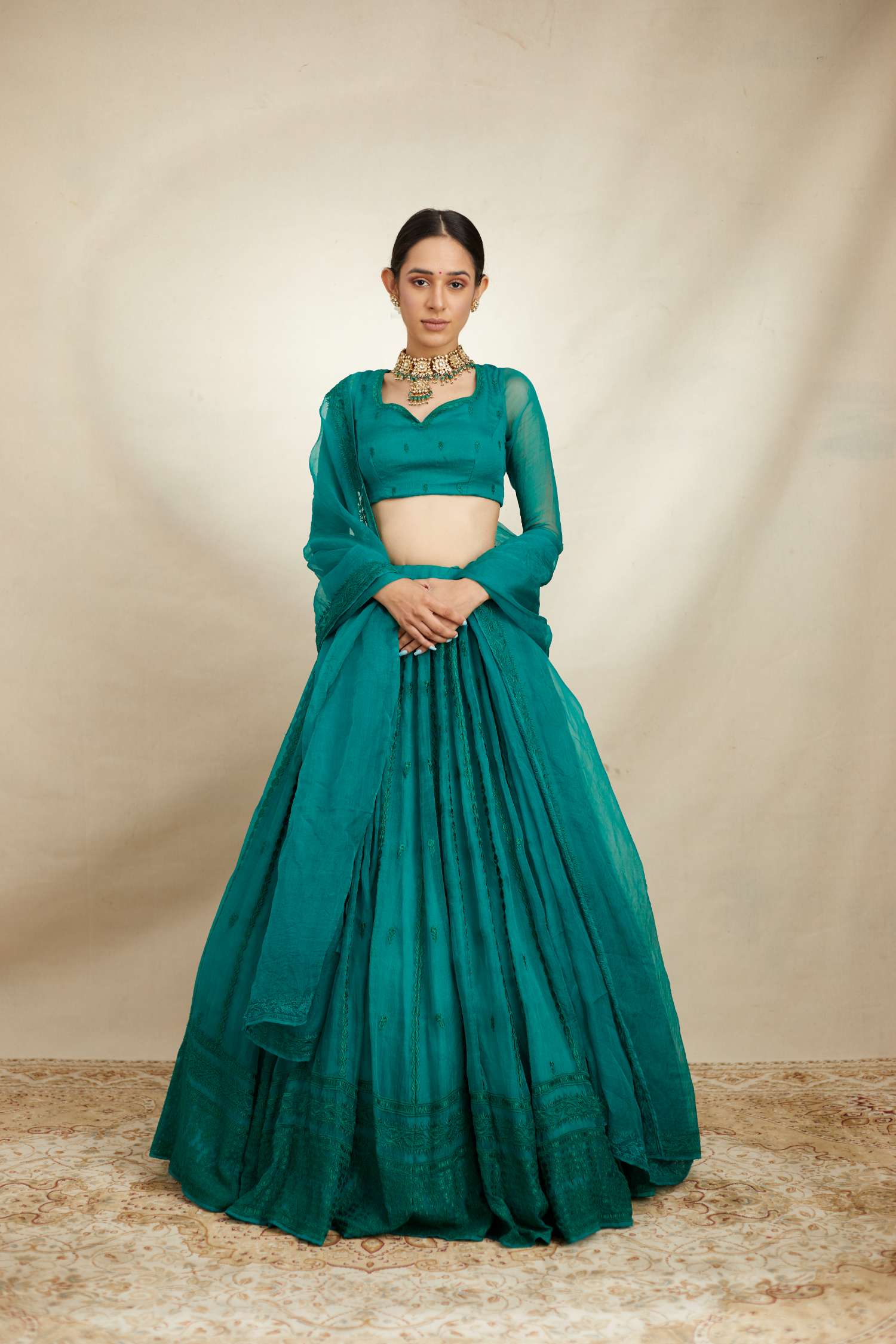 Teal Green Line Threadwork Lehenga Set