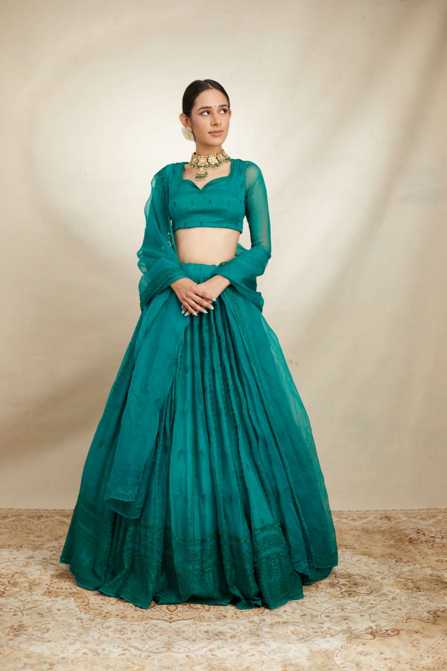Teal Green Line Threadwork Lehenga Set
