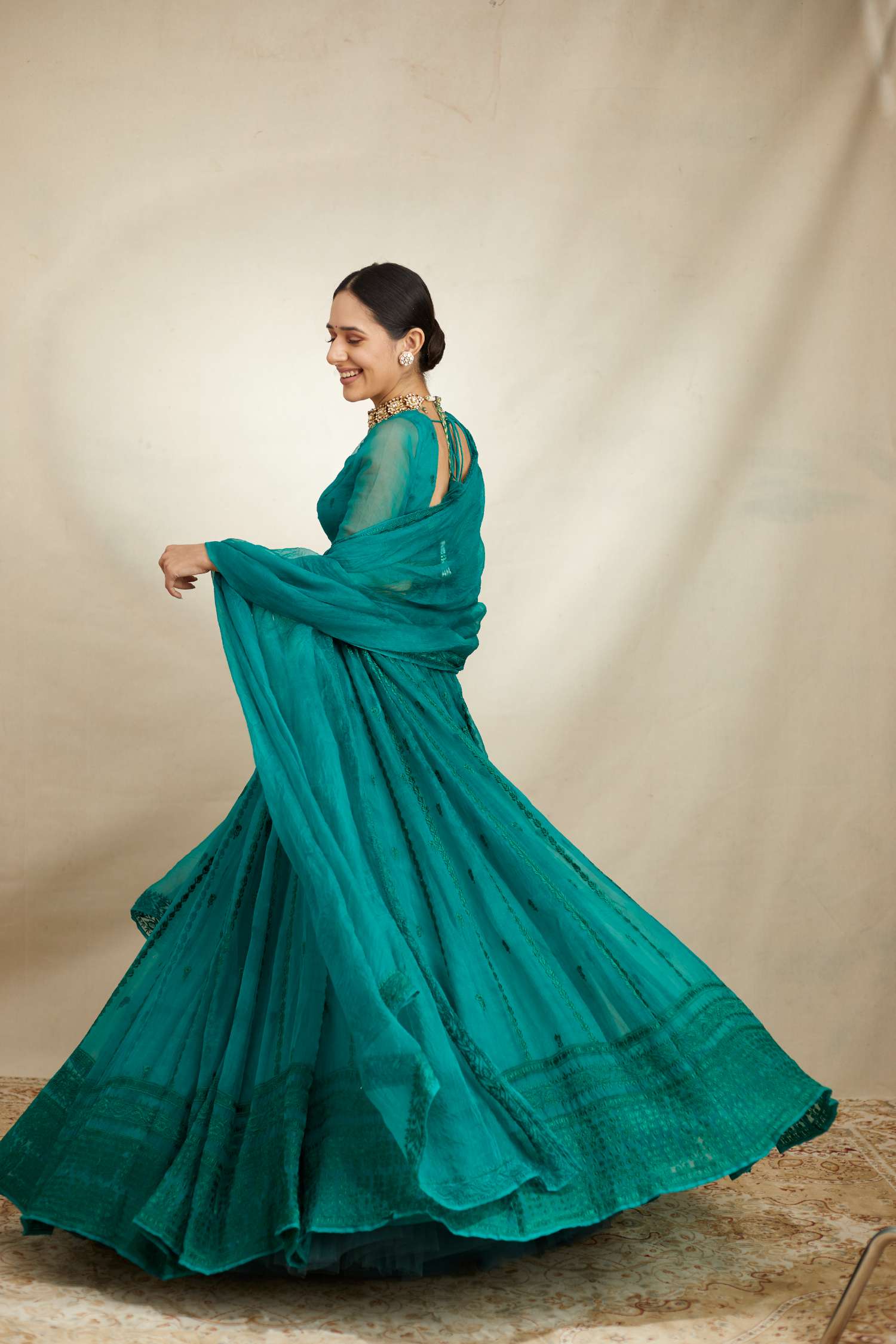Teal Green Line Threadwork Lehenga Set