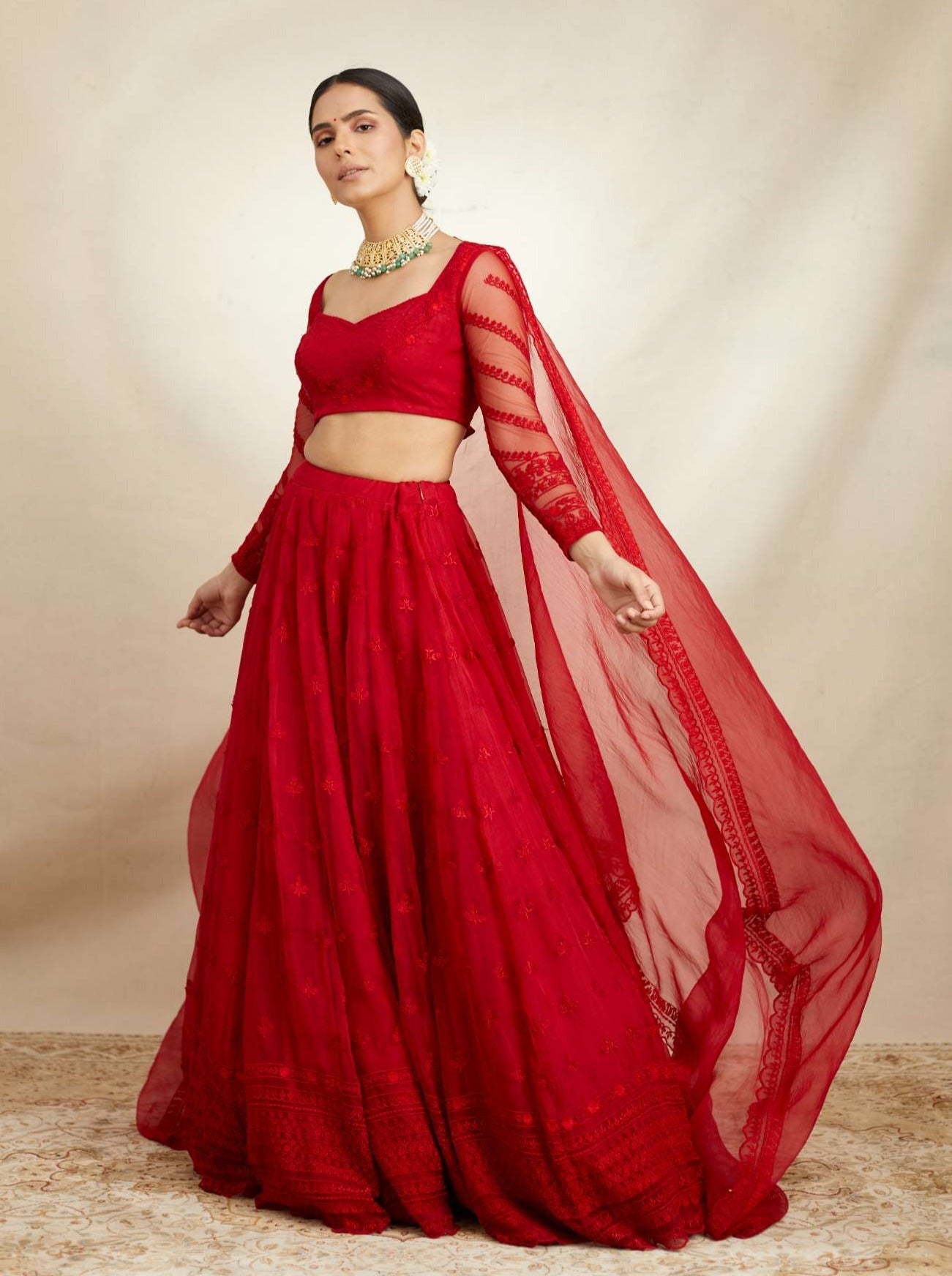 Red Organza Threadwork Lehenga Set