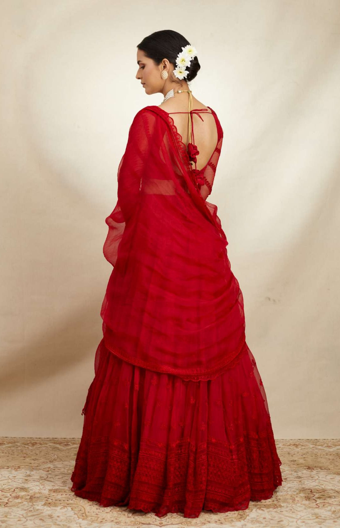 Red Organza Threadwork Lehenga Set