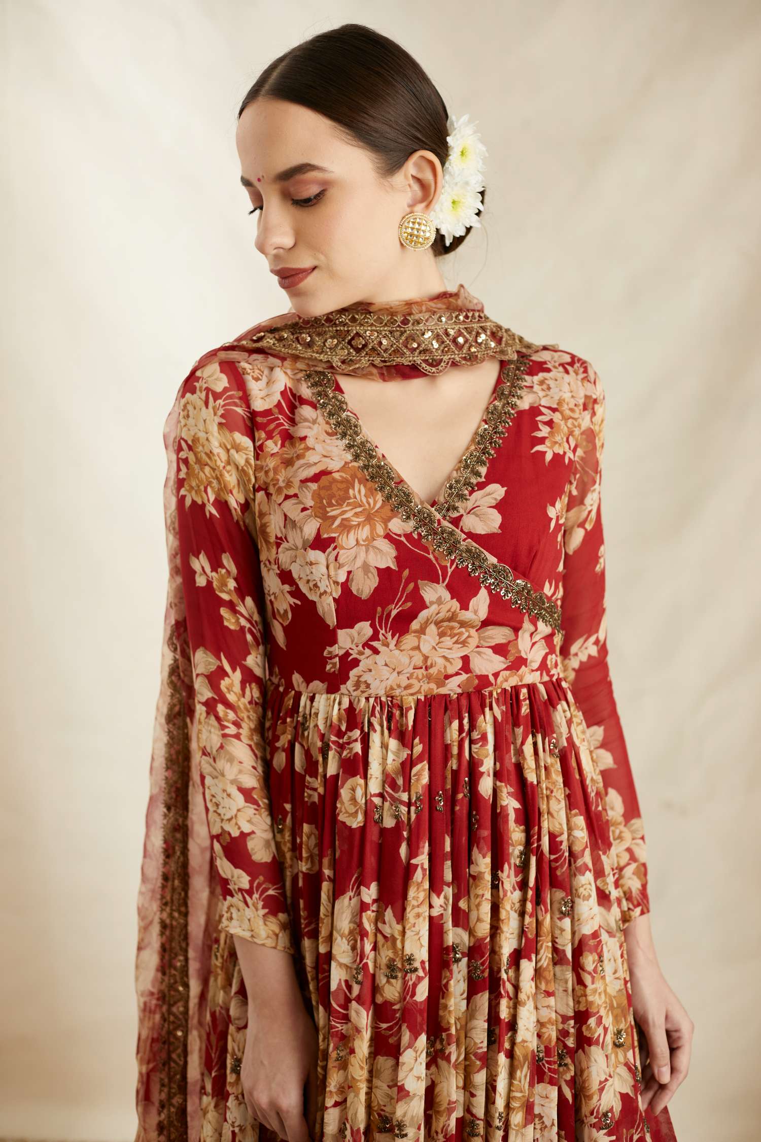 Red Georgette Floral Angrakha Set