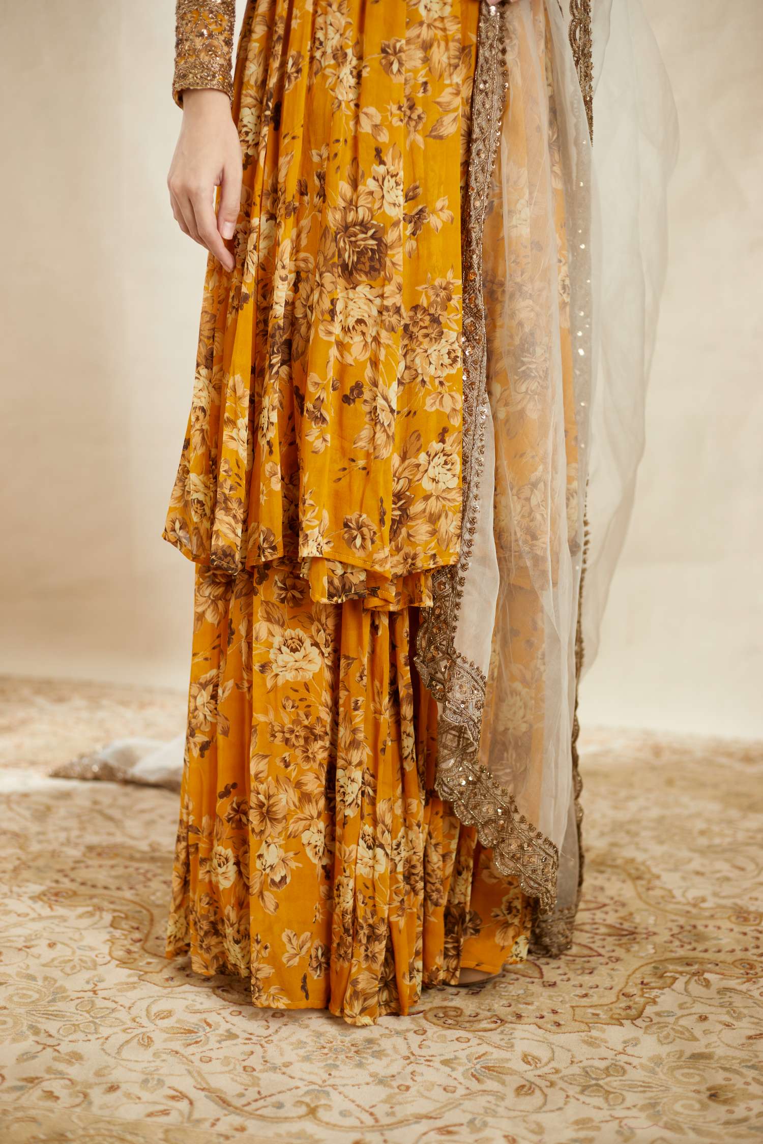 Mustard Georgette Floral Angrakha Set