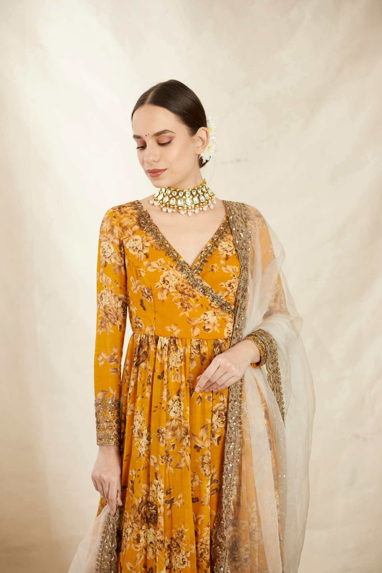 Mustard Georgette Floral Angrakha Set