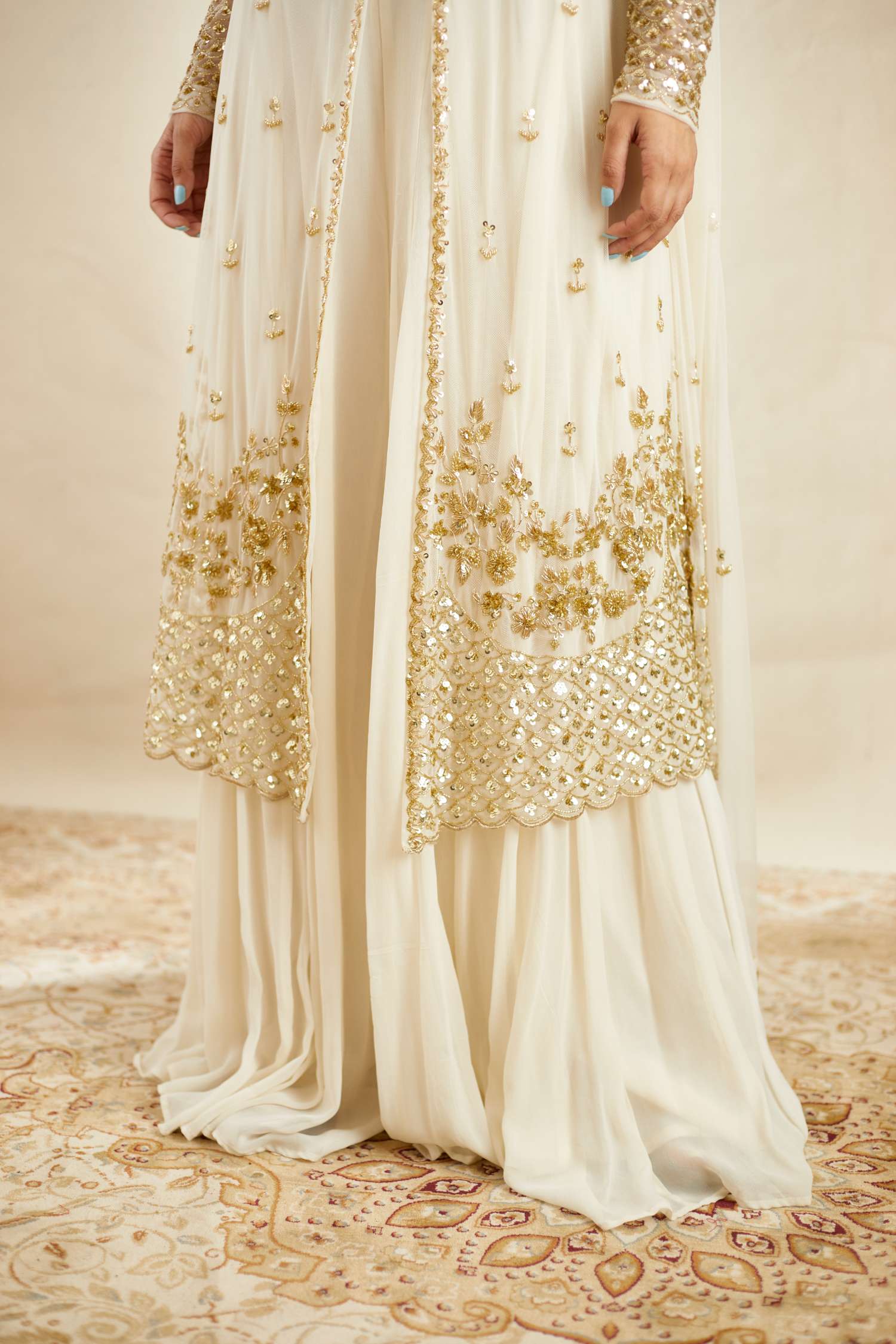 Off White Net Front Open Jacket With Sharara Set