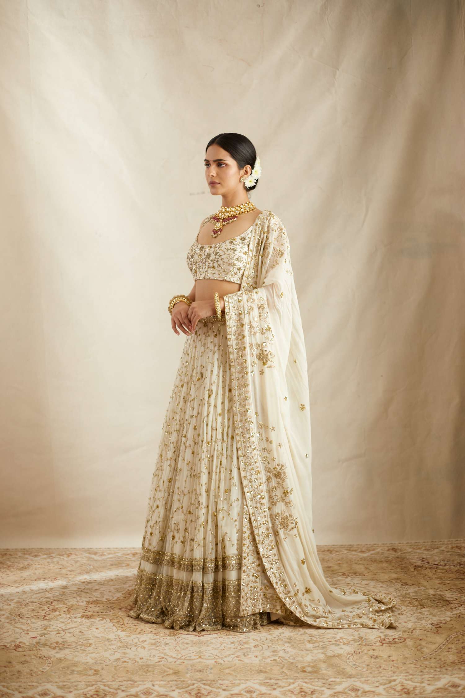 Off White Heavy Jaal Work Lehenga Set