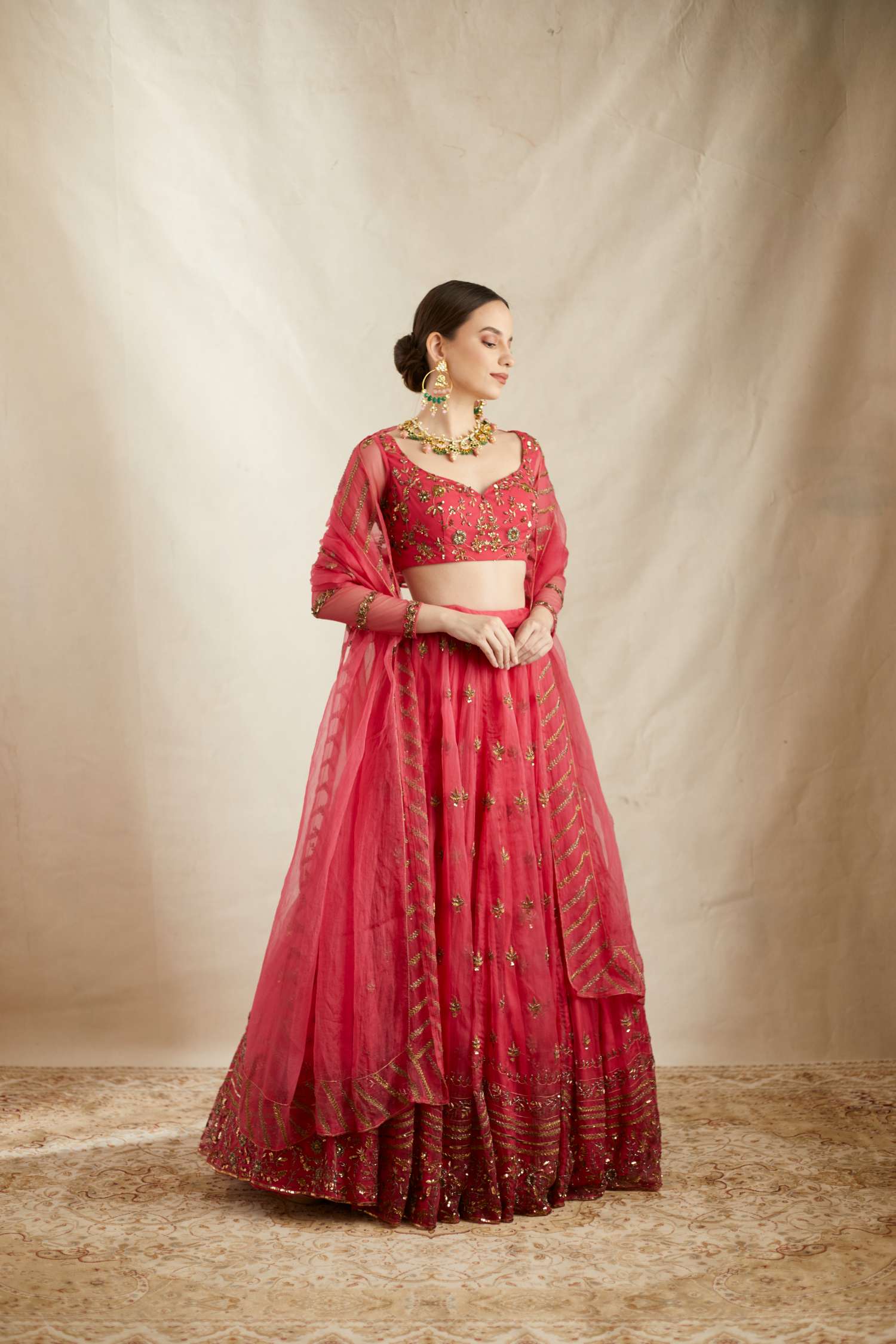 Carmine Pink Silk Organza Crepe Embroidered Lehenga