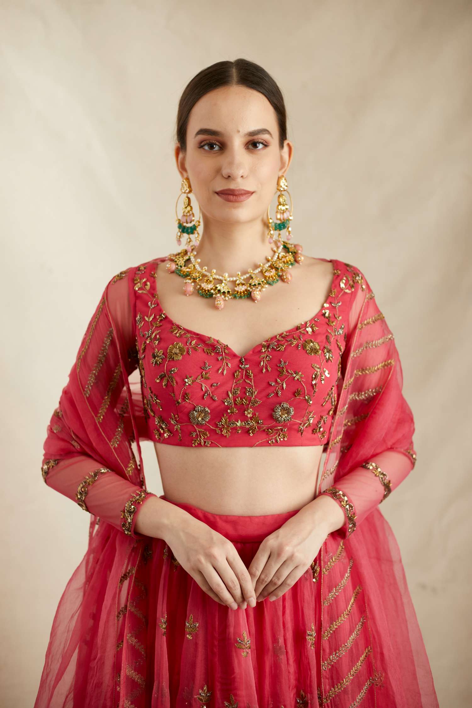 Carmine Pink Silk Organza Crepe Embroidered Lehenga