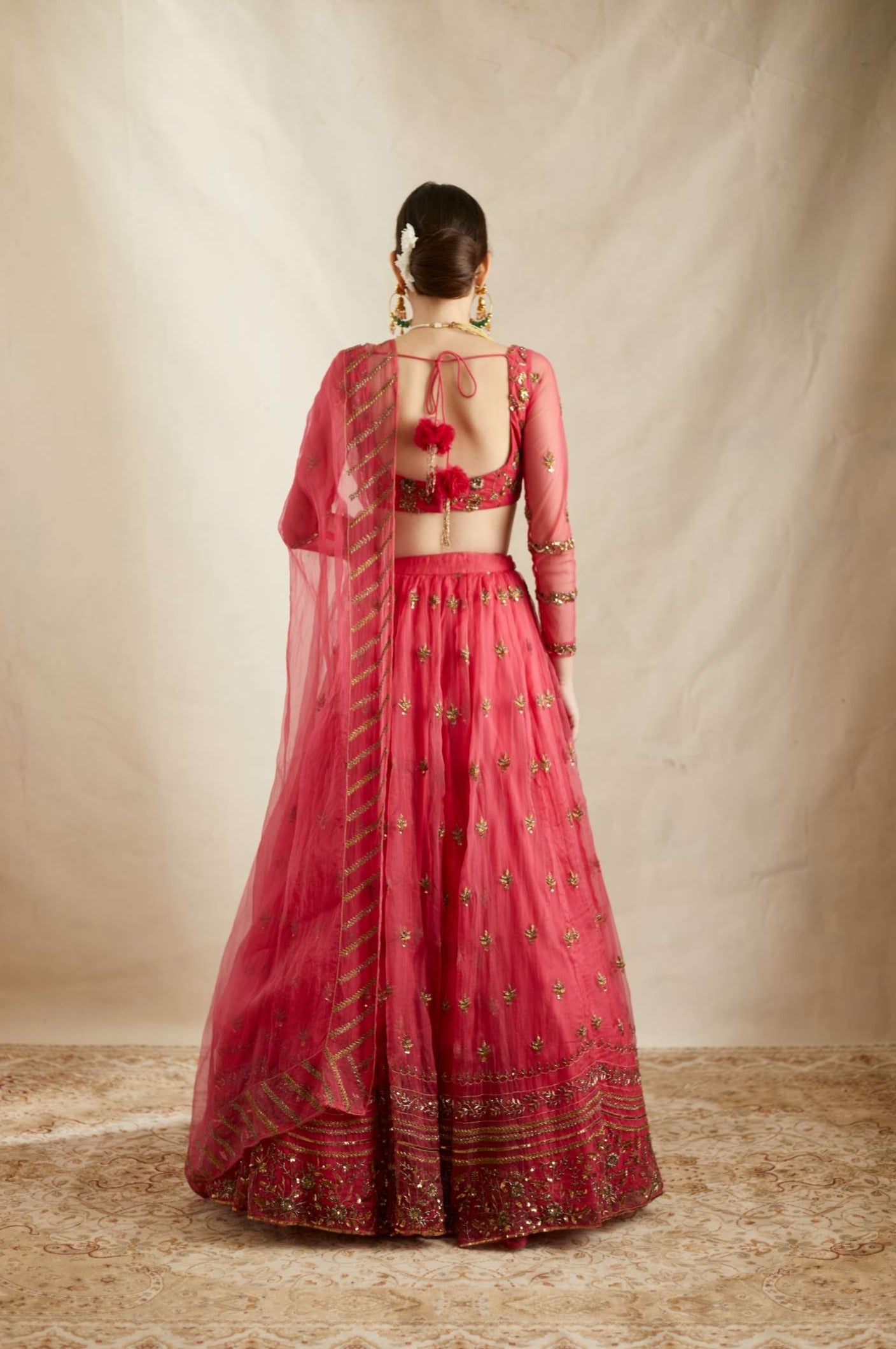 Carmine Pink Silk Organza Crepe Embroidered Lehenga
