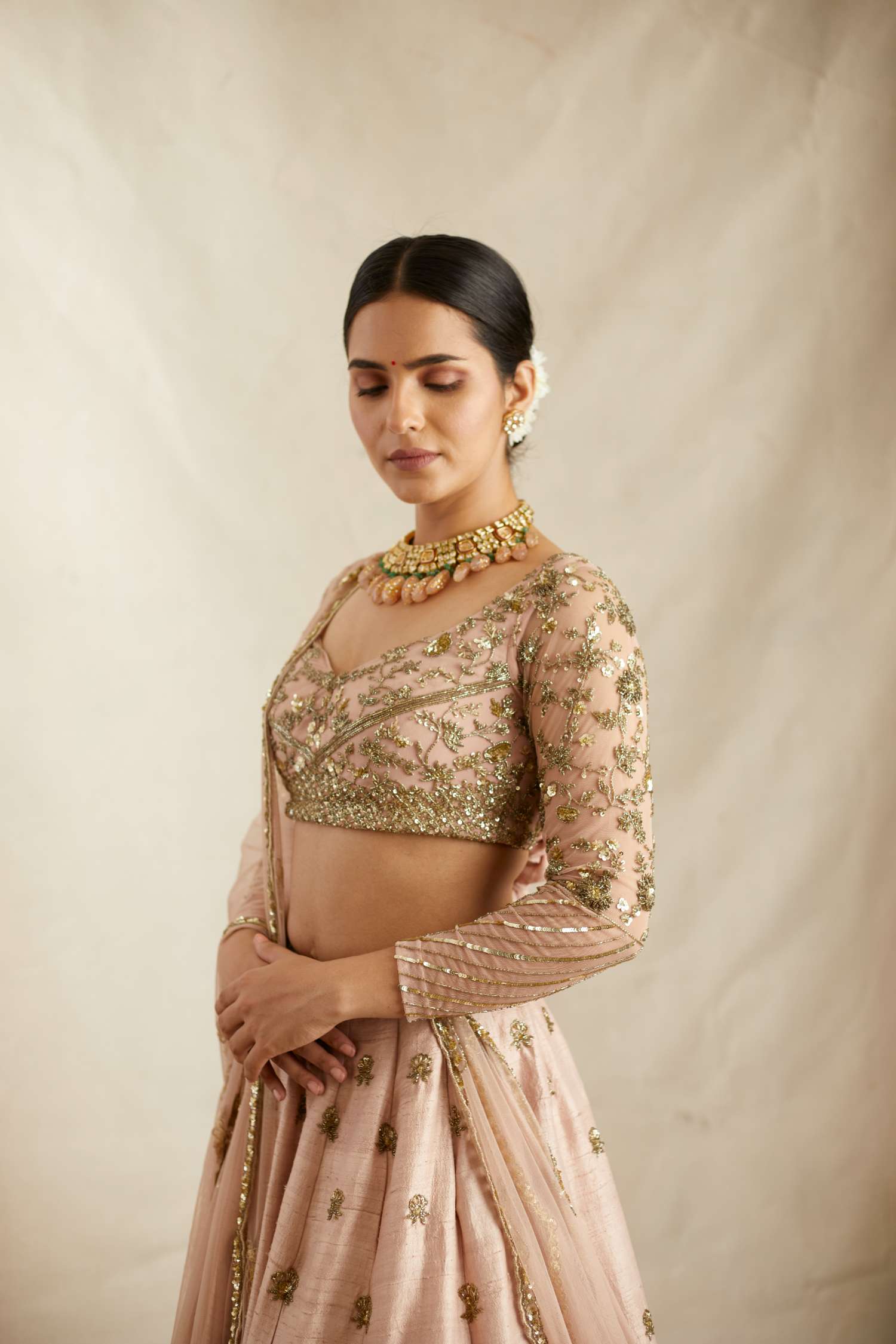 Peach Pink Embroidered Lehenga Set