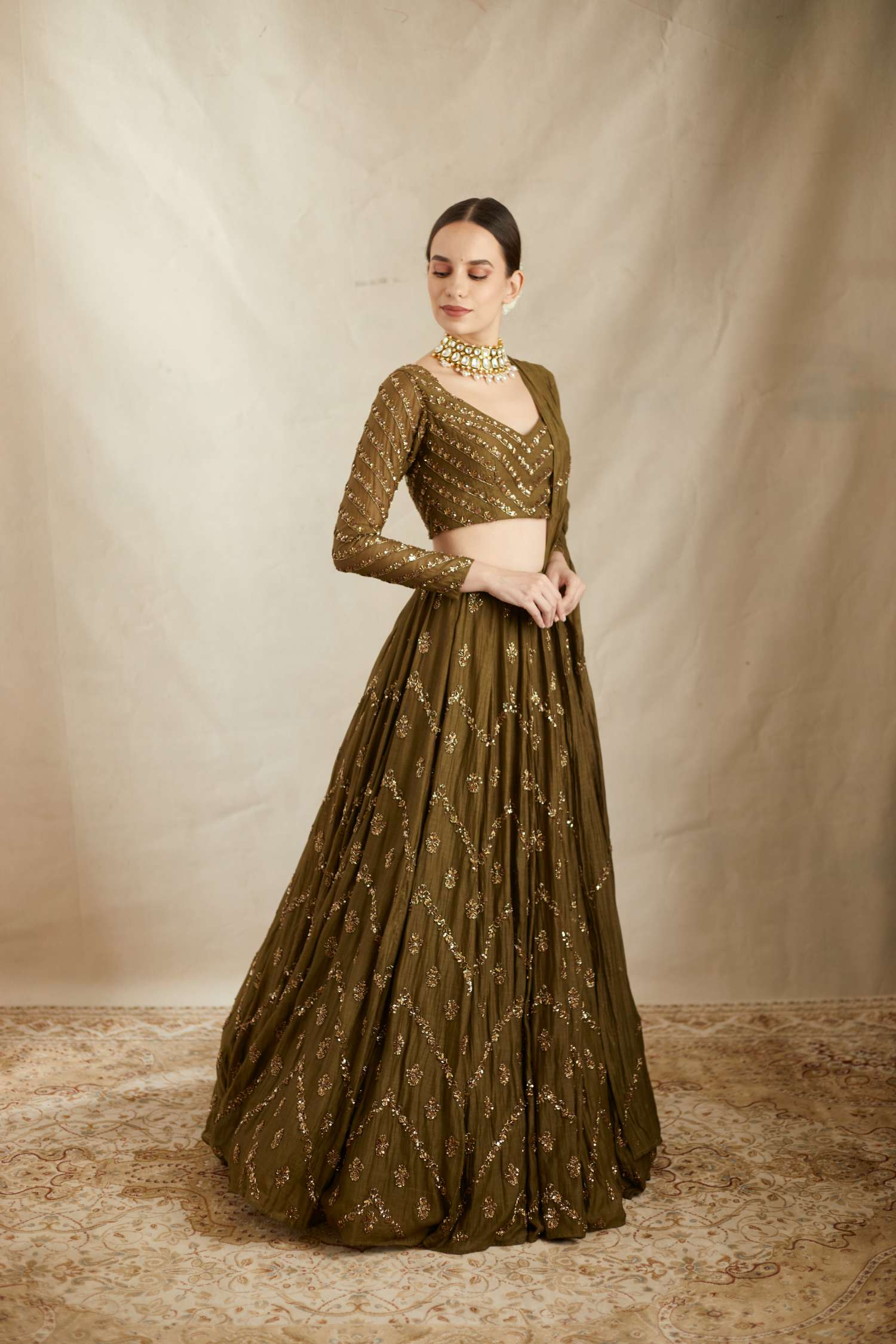Parrot Green Chanderi Lehenga Set