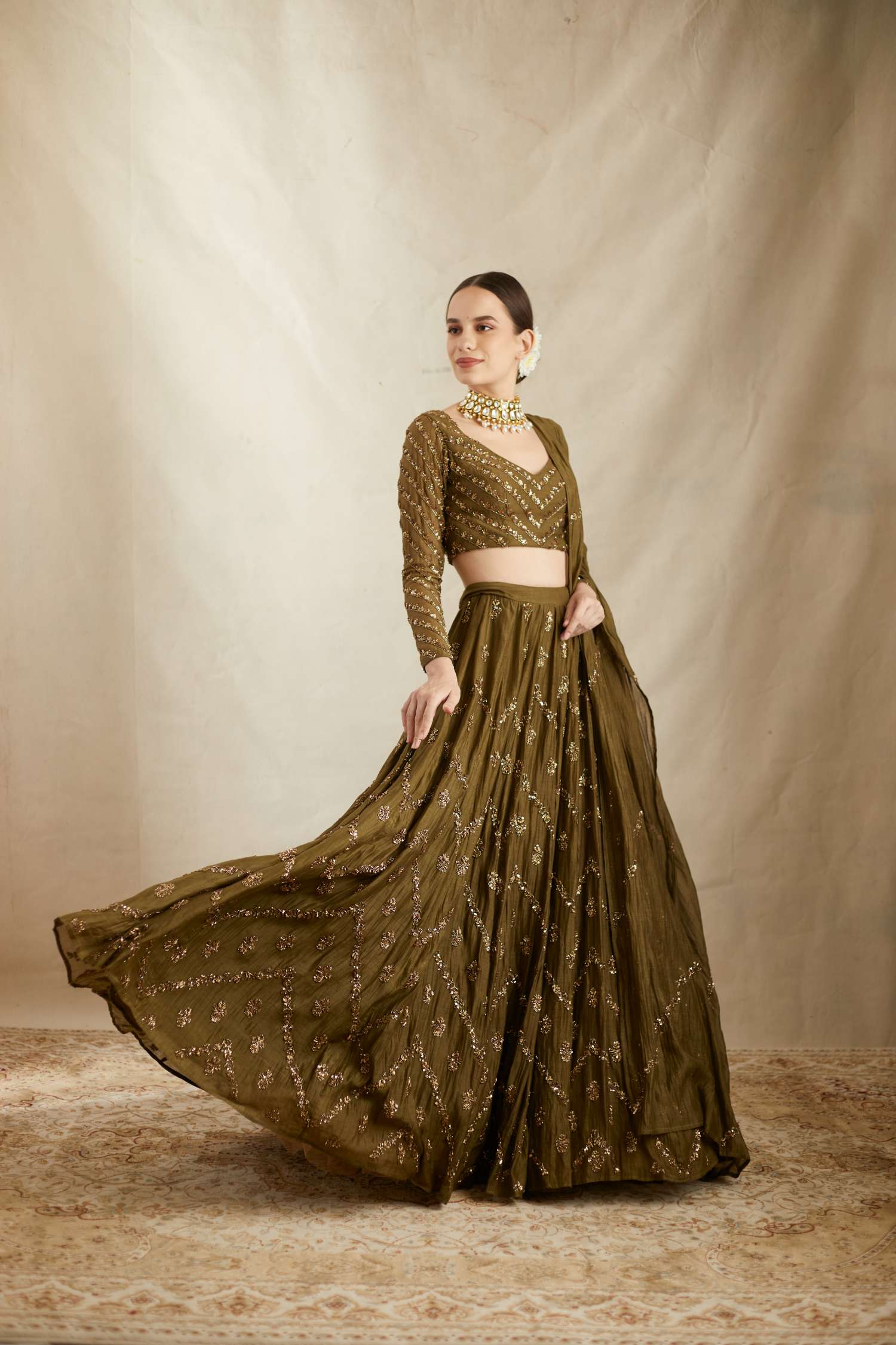 Parrot Green Chanderi Lehenga Set