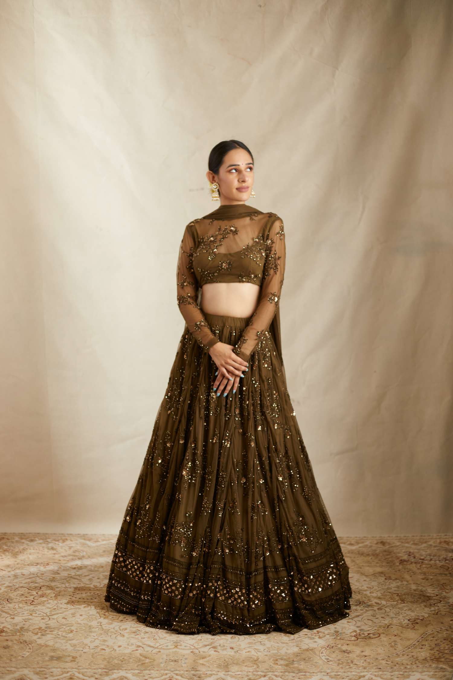 Dark Green Thread Work Lehenga Set