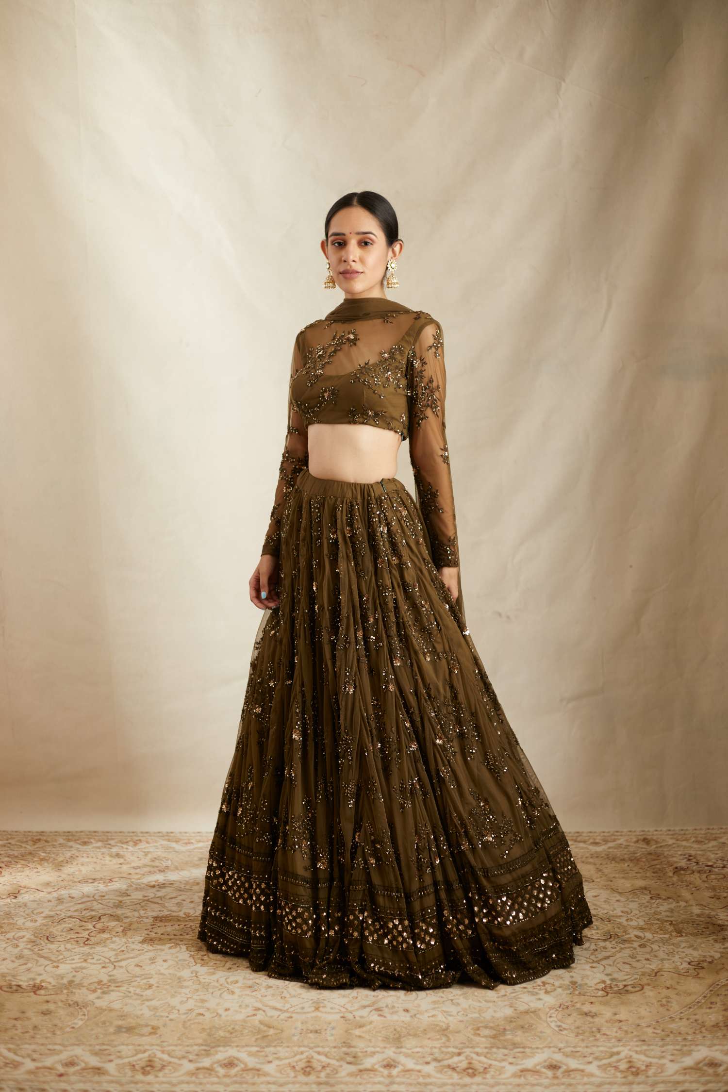 Dark Green Thread Work Lehenga Set