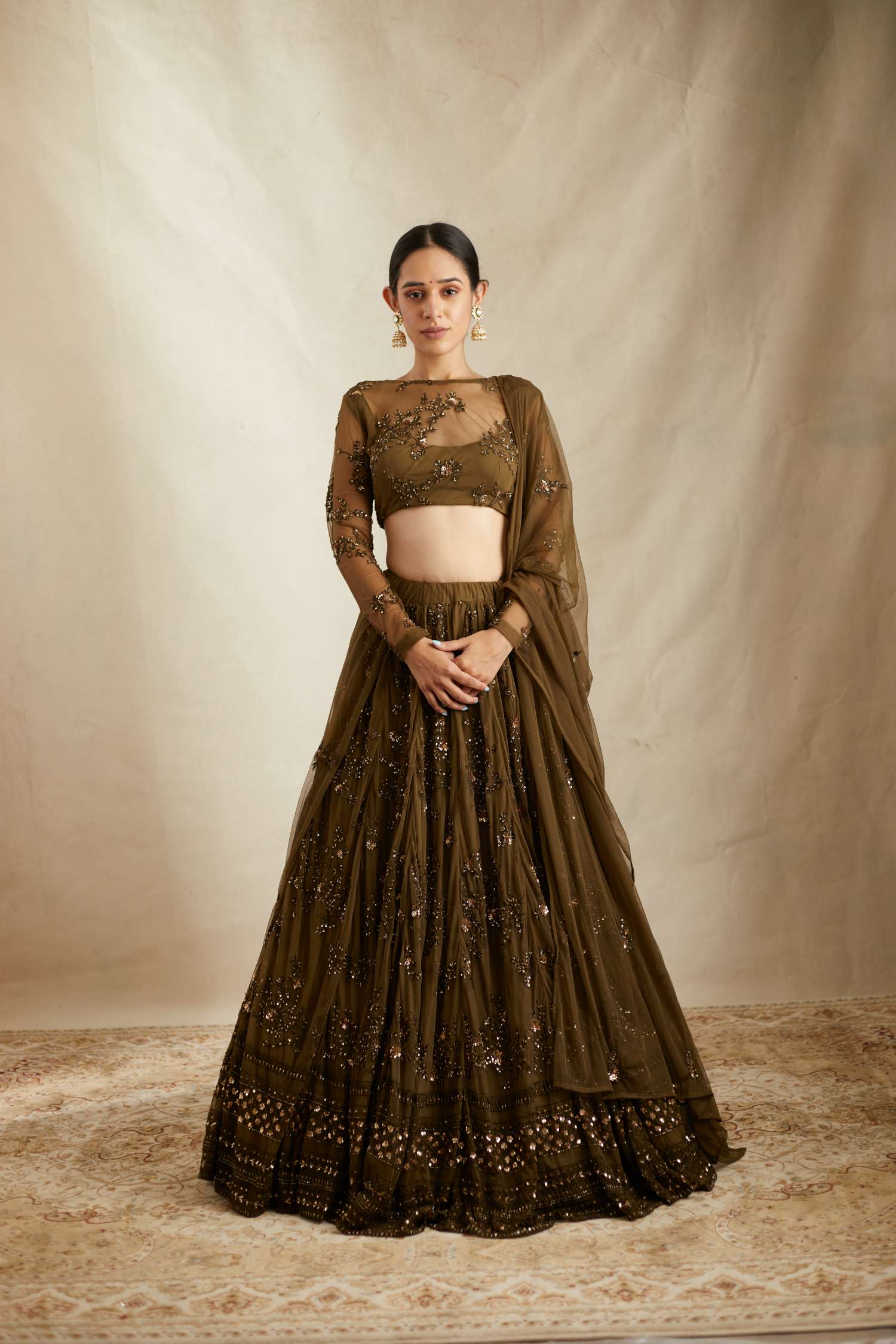 Dark Green Thread Work Lehenga Set