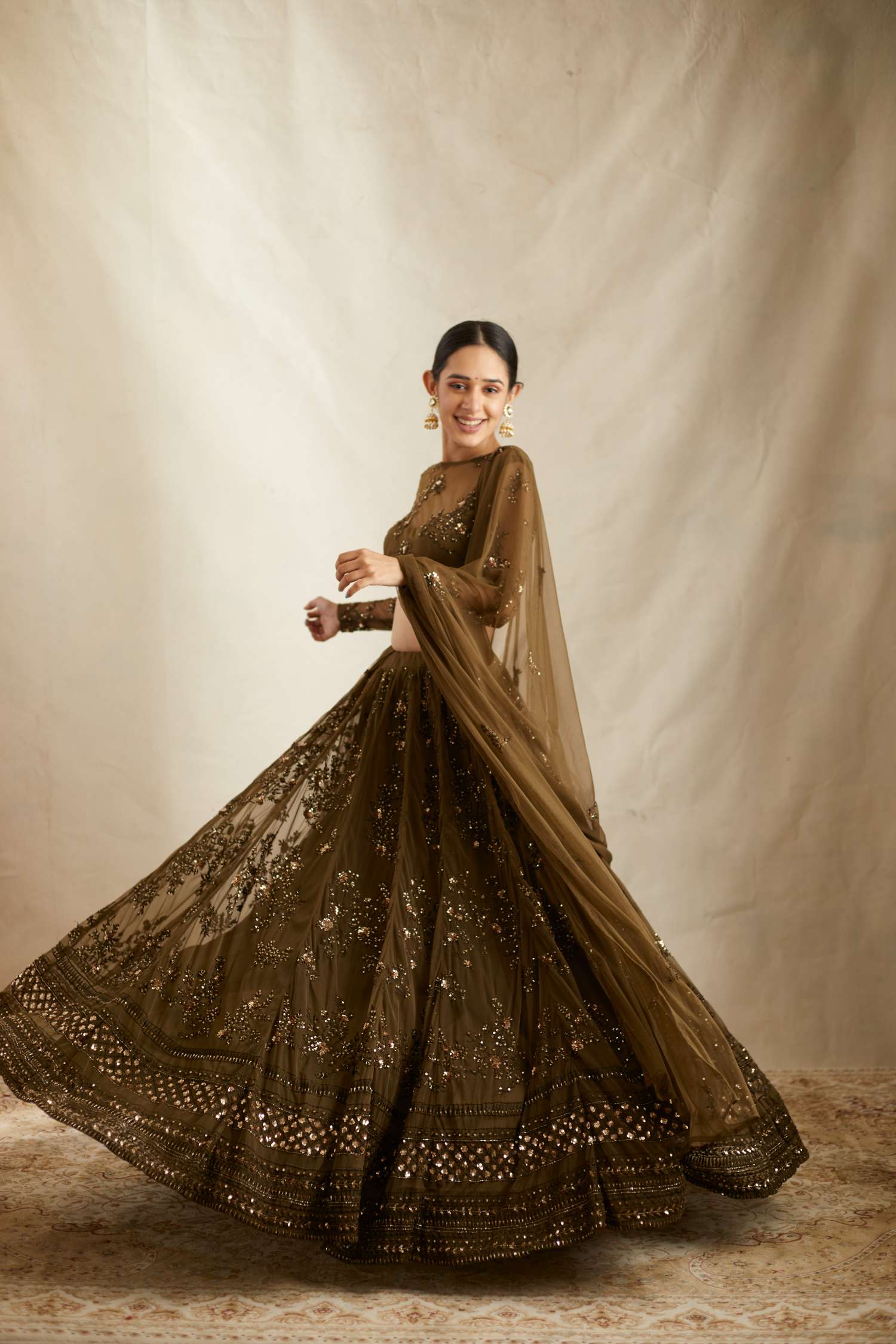 Dark Green Thread Work Lehenga Set