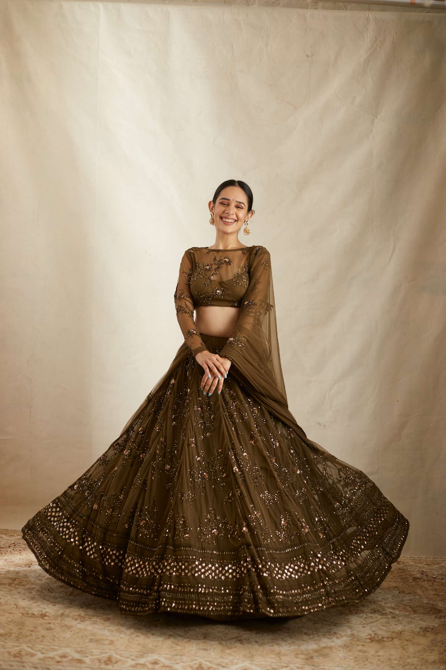 Dark Green Thread Work Lehenga Set
