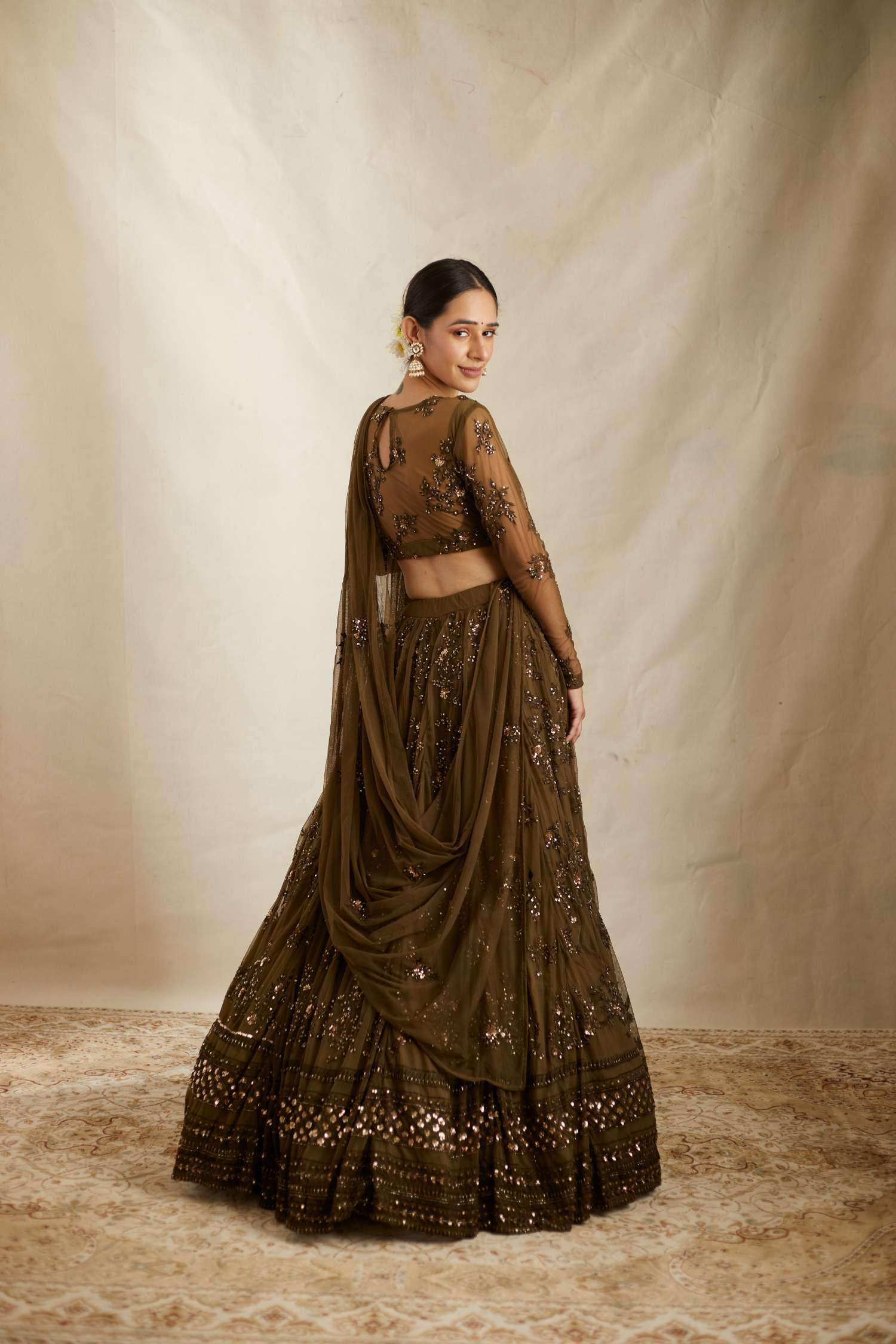 Dark Green Thread Work Lehenga Set