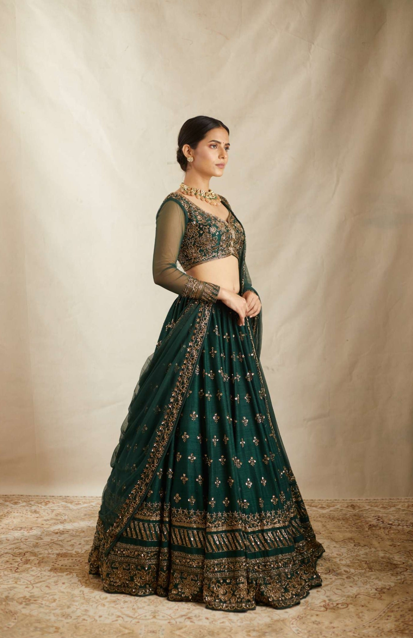 Embrelled Green Raw Silk Lehenga Set