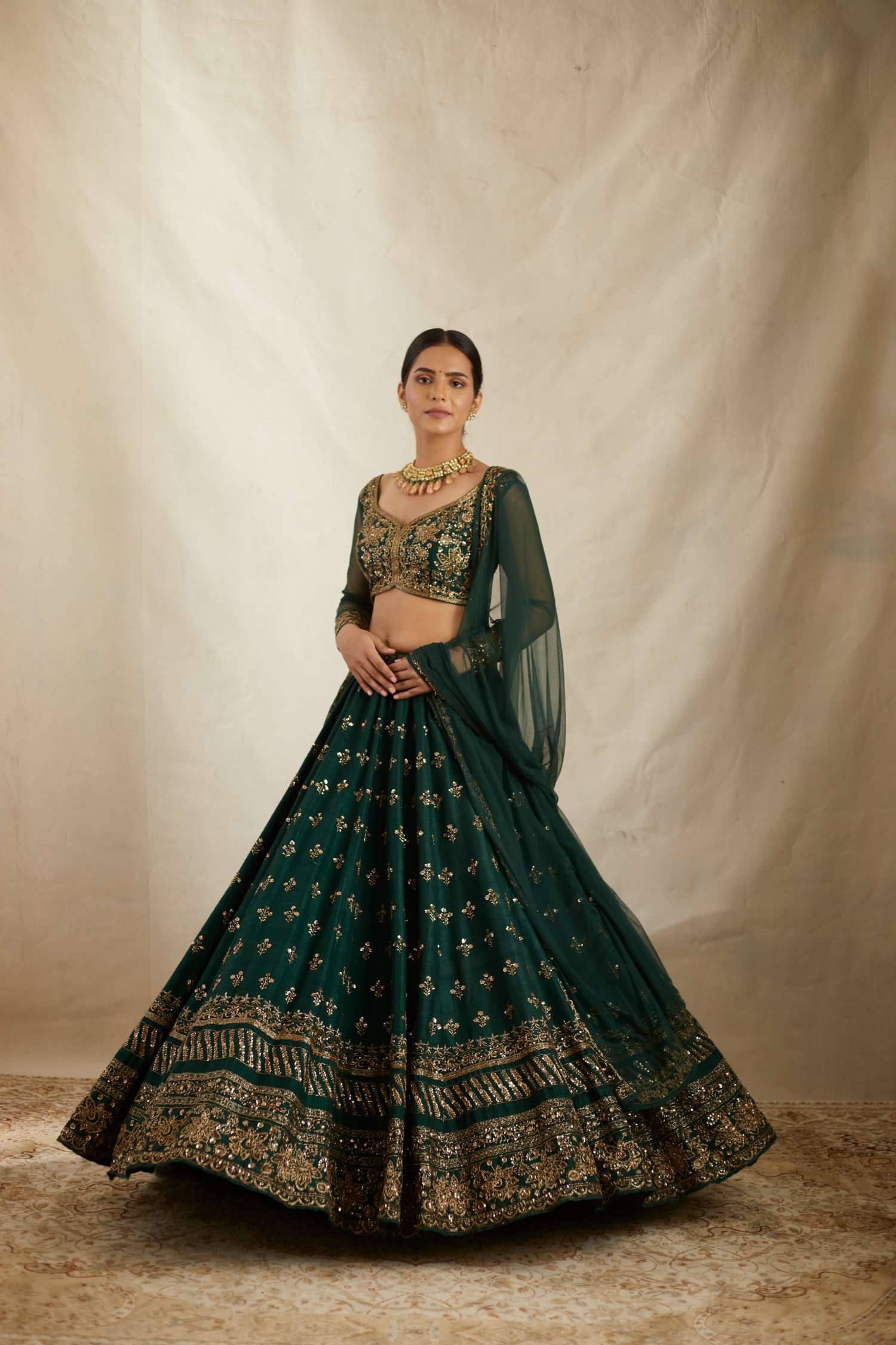 Embrelled Green Raw Silk Lehenga Set