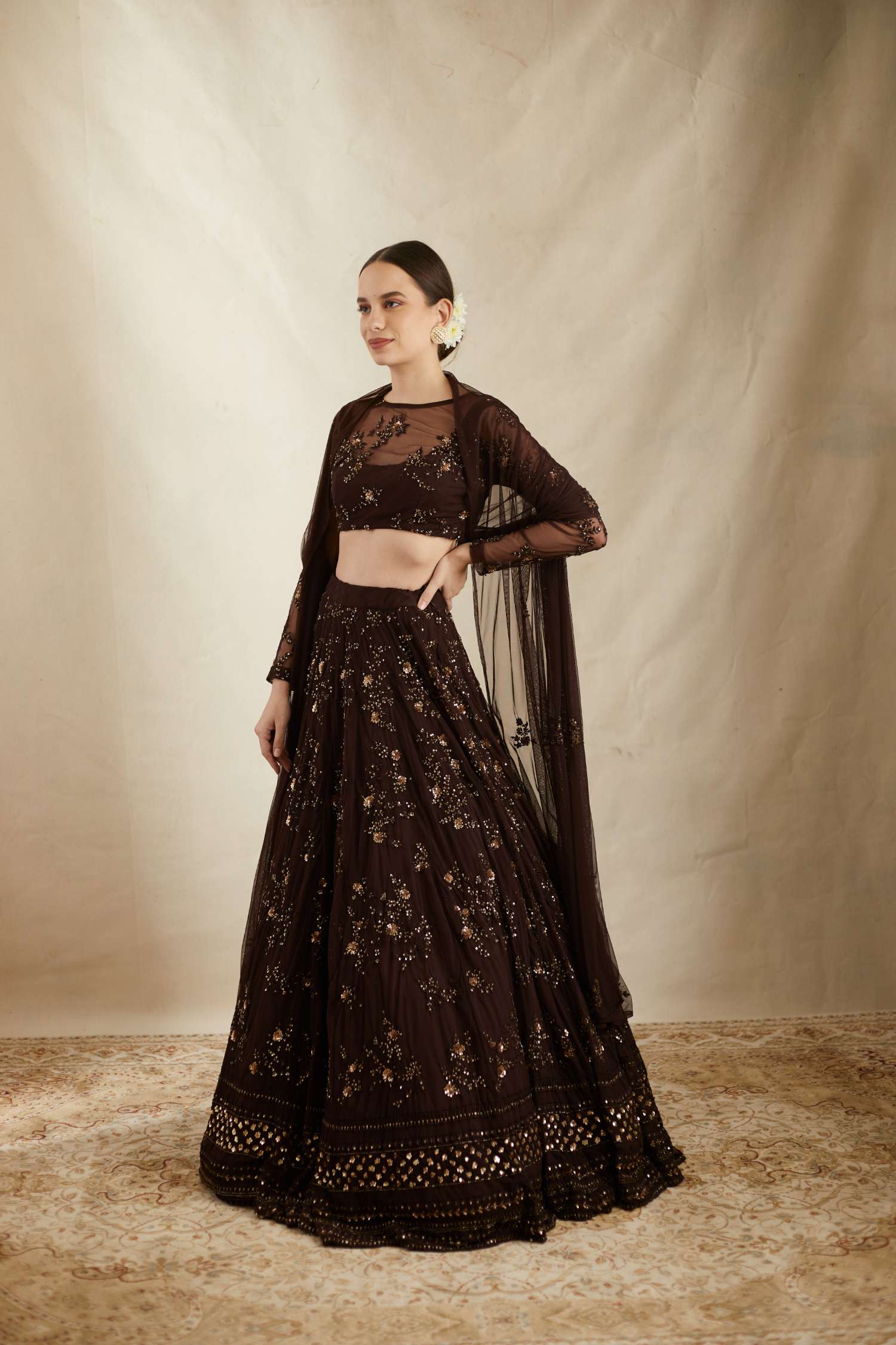 Dark Coffee Thread Work Lehenga Set