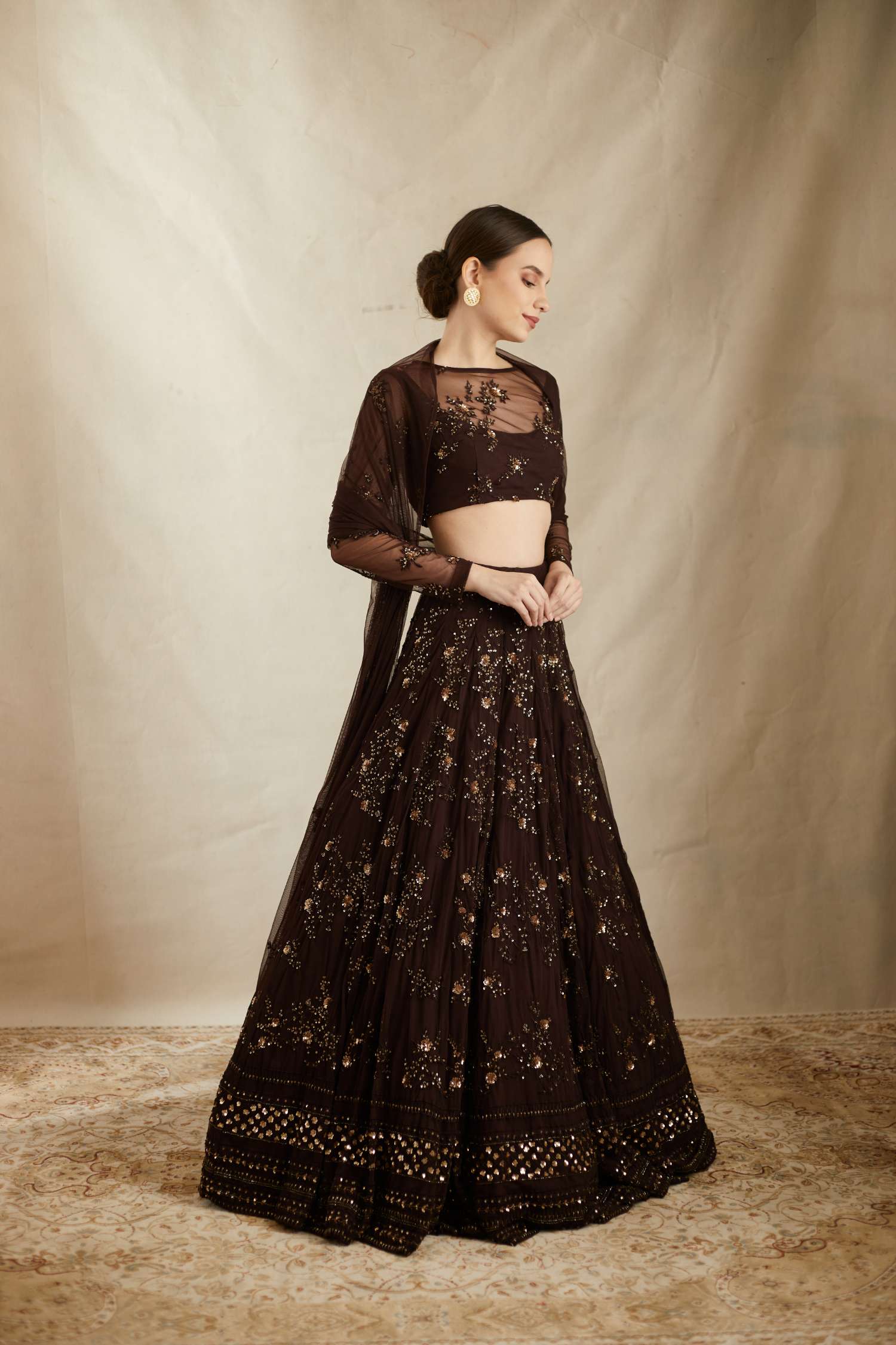 Dark Coffee Thread Work Lehenga Set