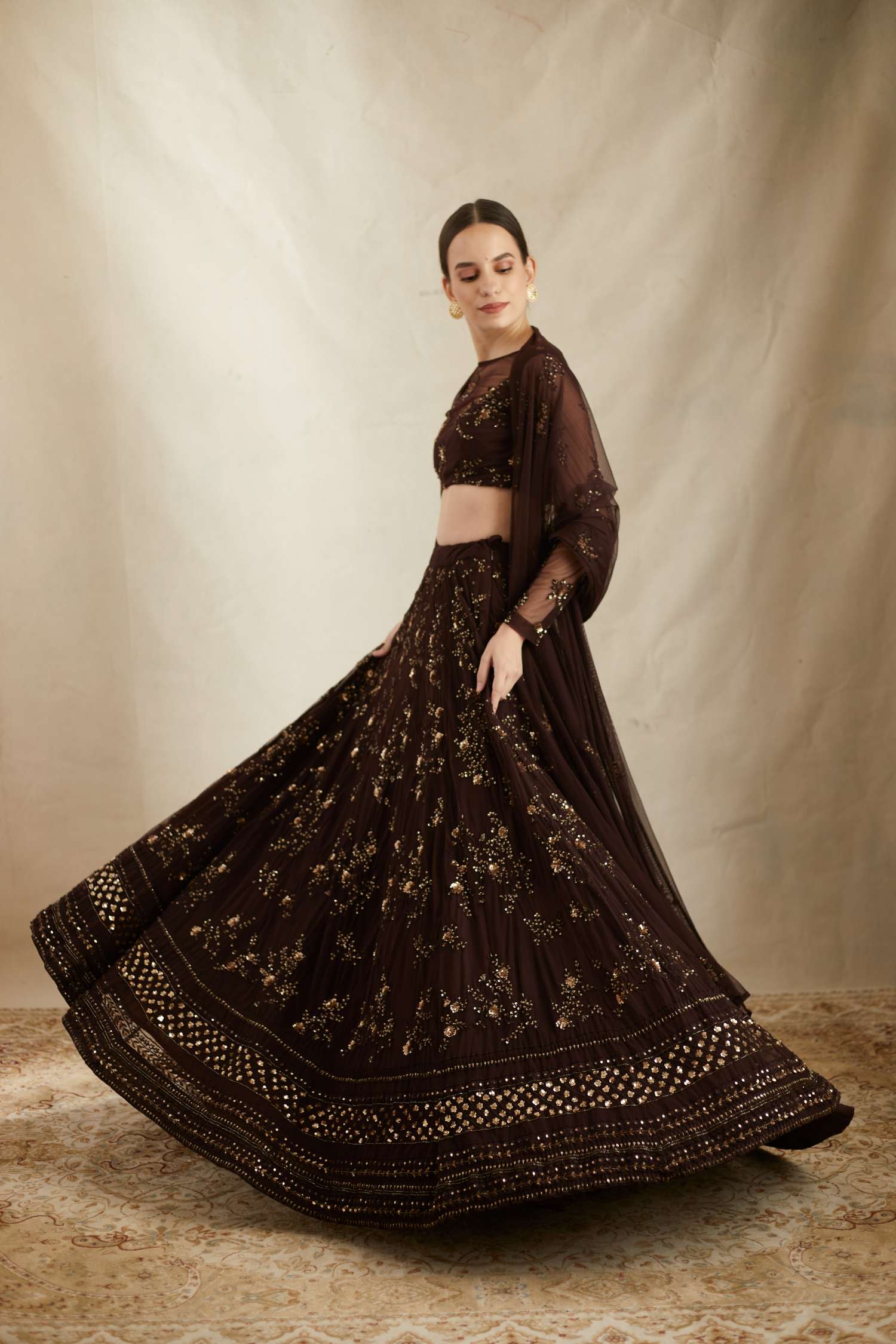 Dark Coffee Thread Work Lehenga Set