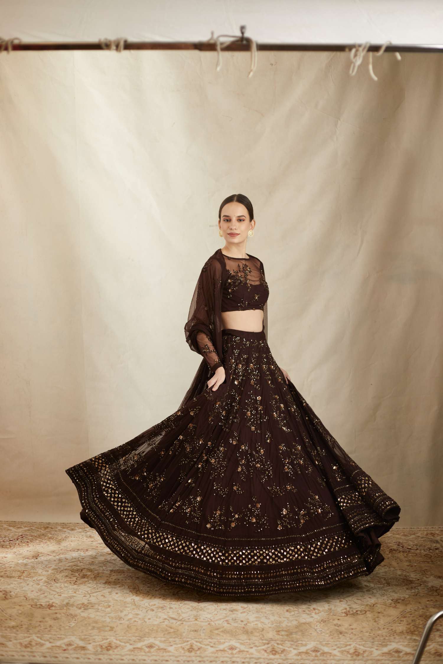 Dark Coffee Thread Work Lehenga Set